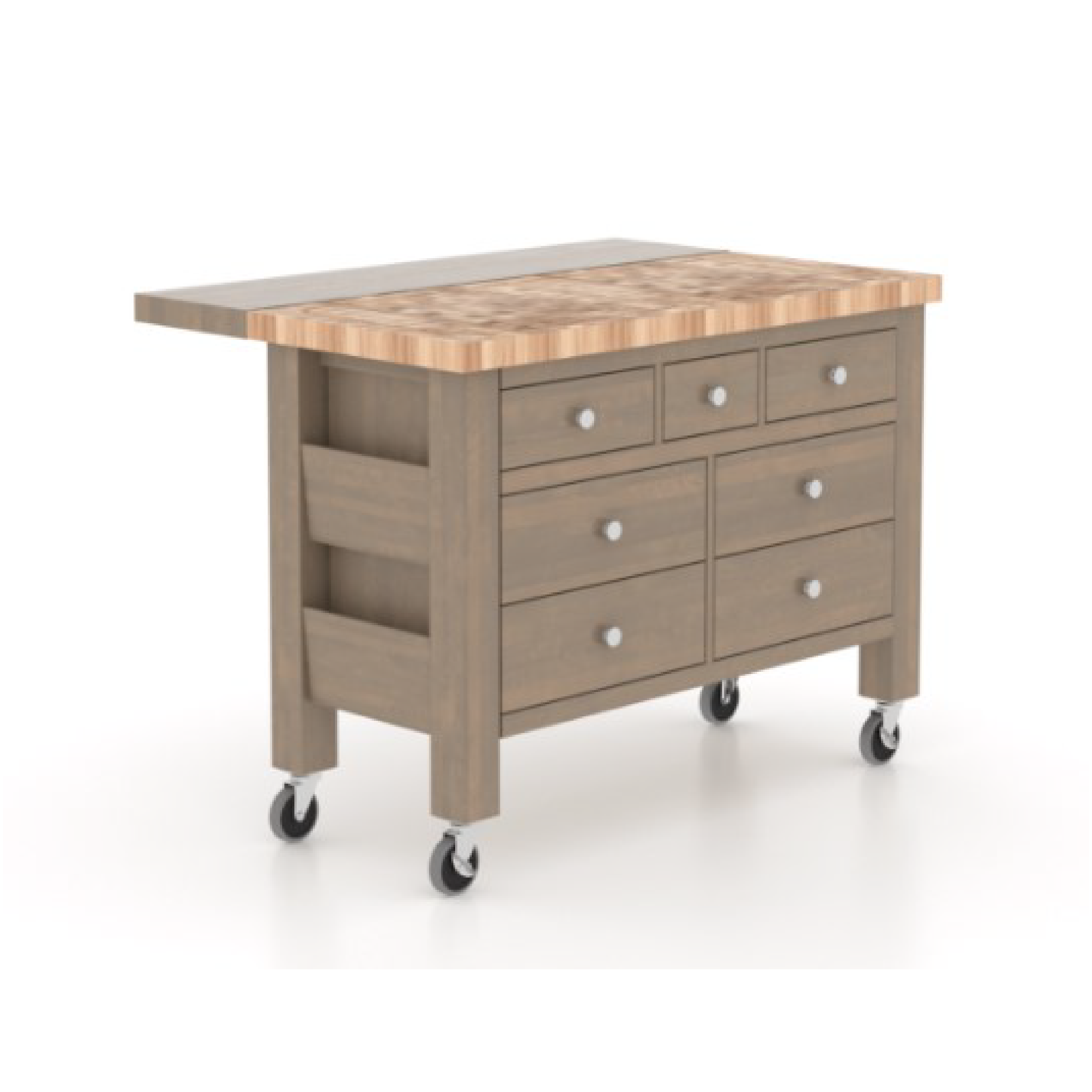 Gourmet Island in a 49 weathered grey finish and drawers with the island on wheels