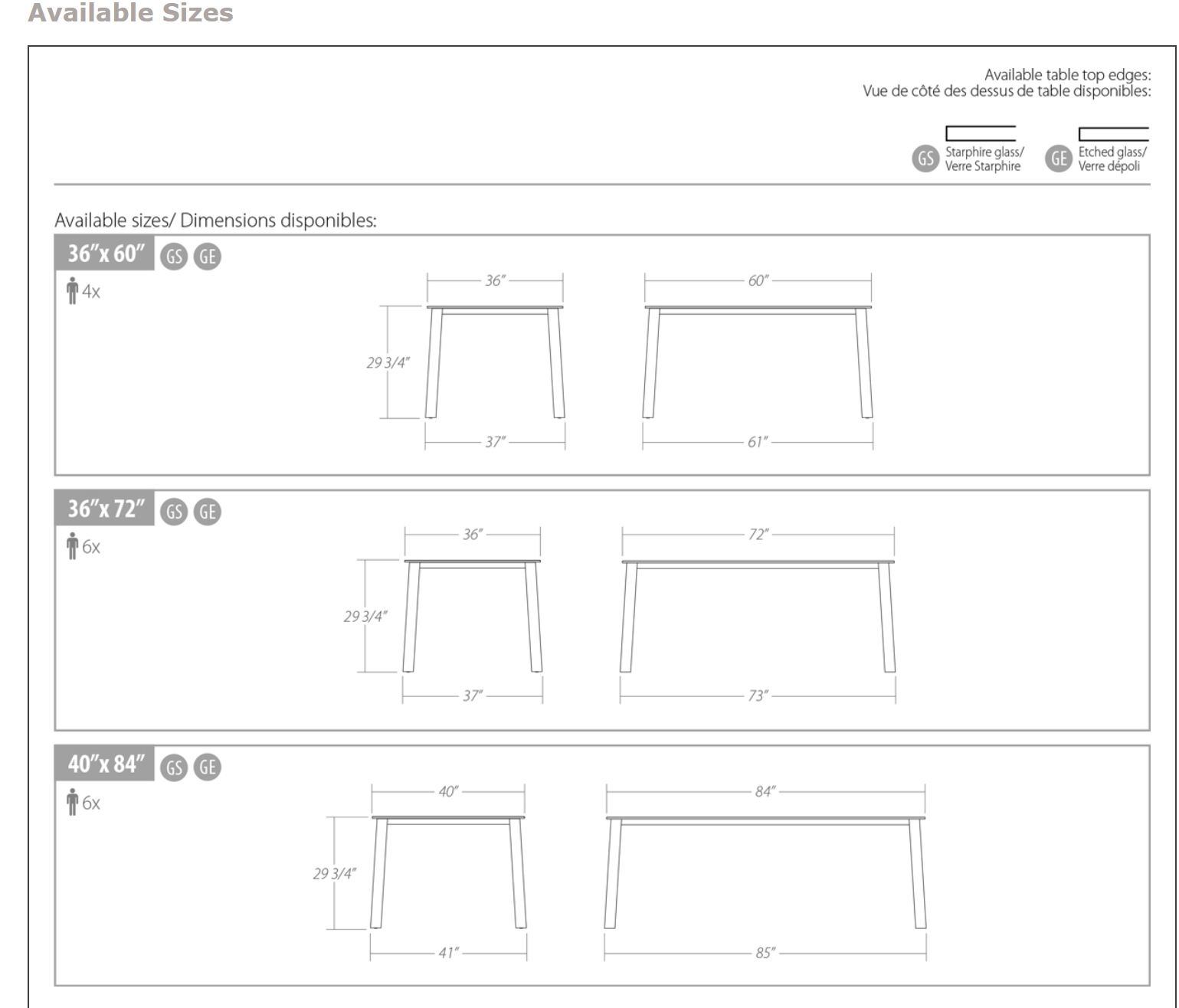 Harmony table dimension sheet