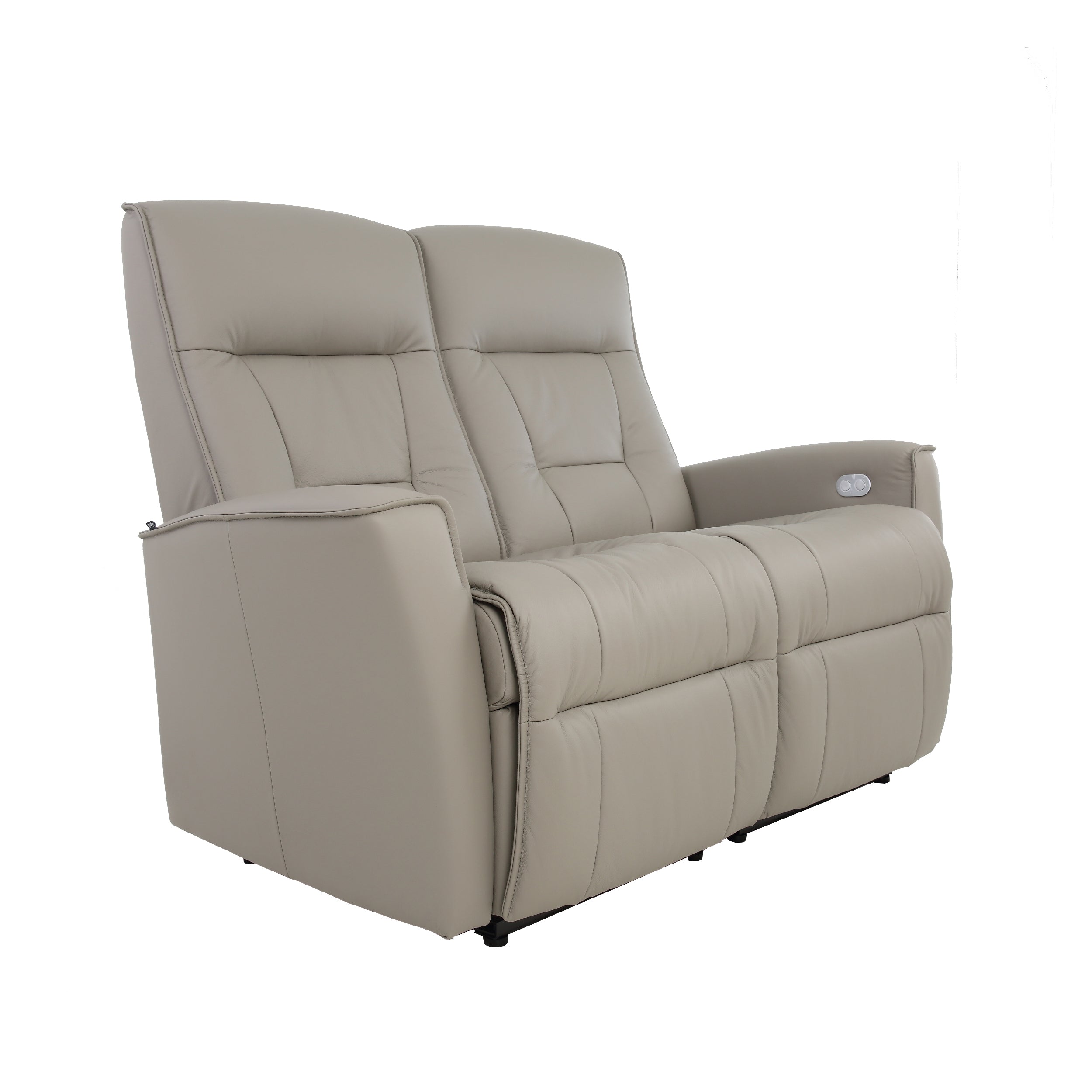 A beige Fjords Harstad WS series loveseat with manual release headrest and a 'Wall Saver' mechanism, set against a white background.