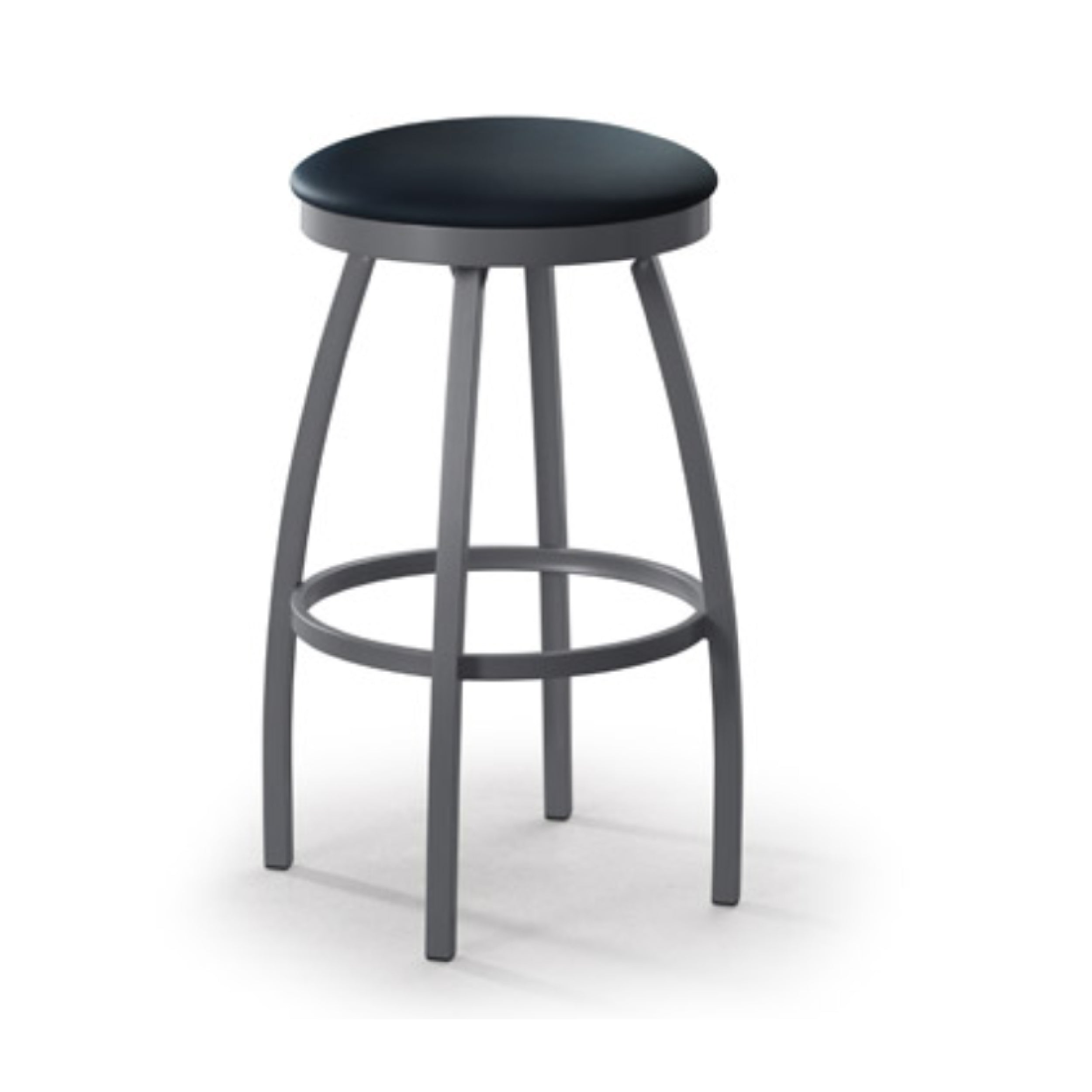 A gray metal bar stool with a round upholstered seat and a full height frame, set against a white background.