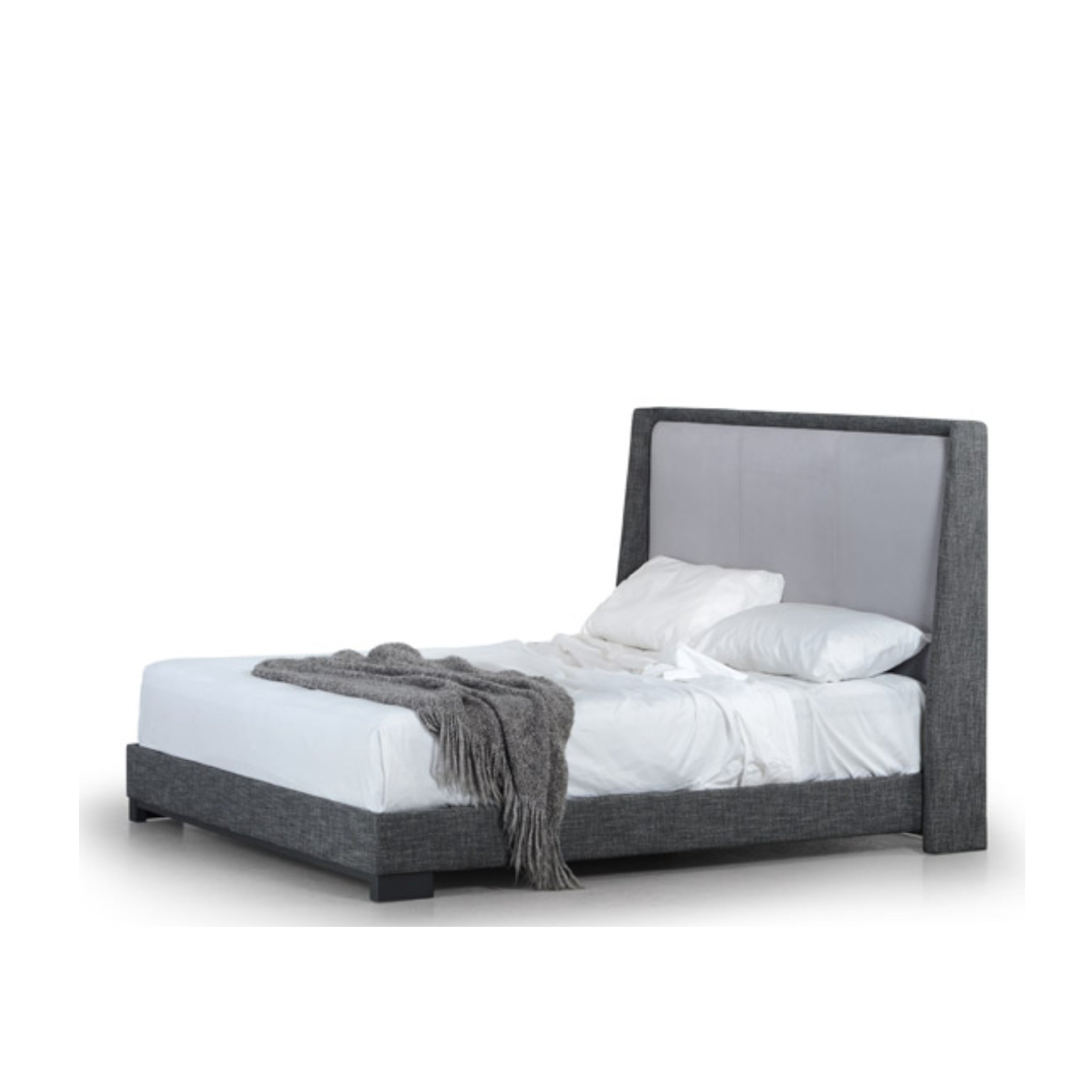 A gray upholstered bed frame with a high headboard, made of metal, shown with a white mattress and a grey throw blanket on top.