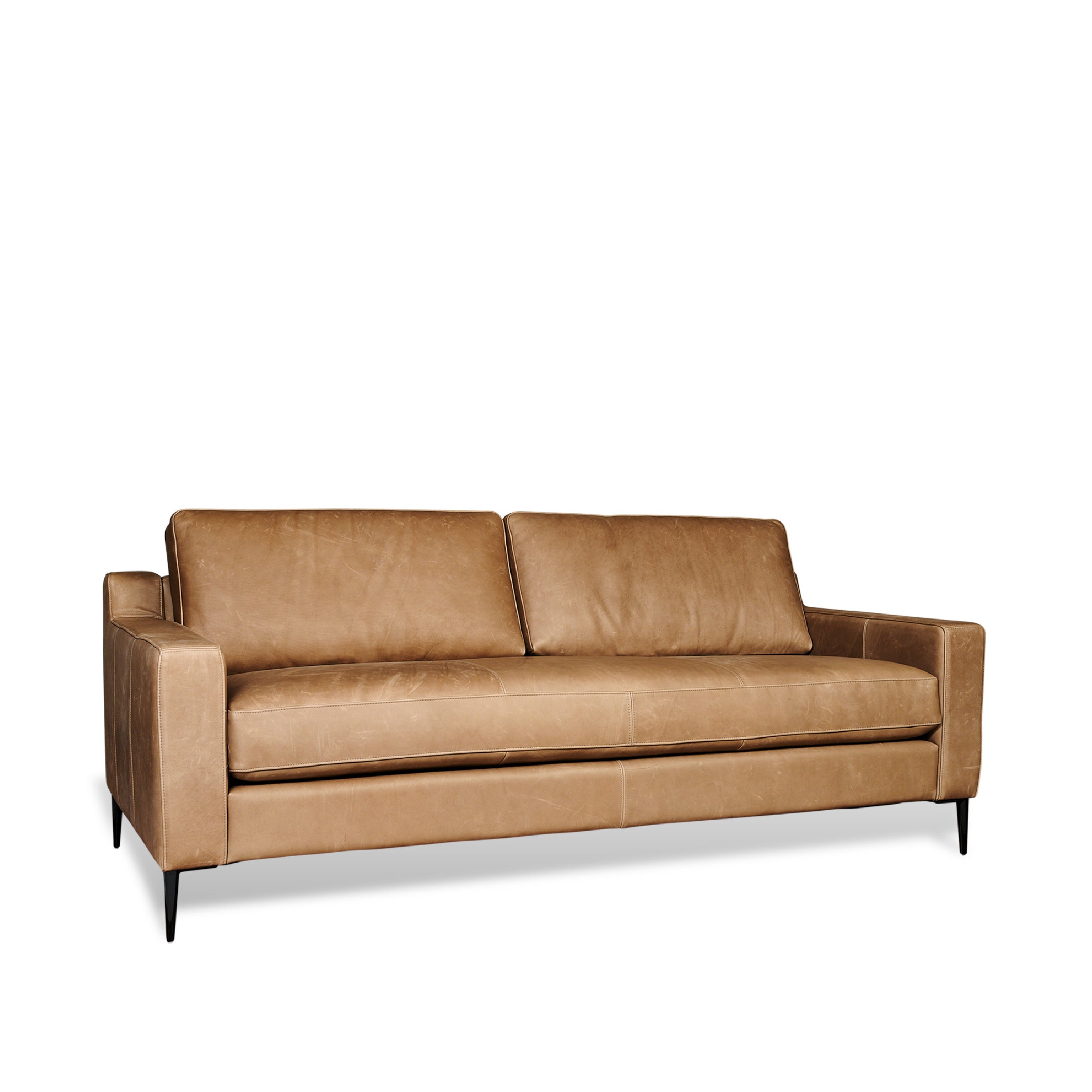 A brown leather sofa with bench seat cushion and two backrest cushions, featuring a black metal frame.
