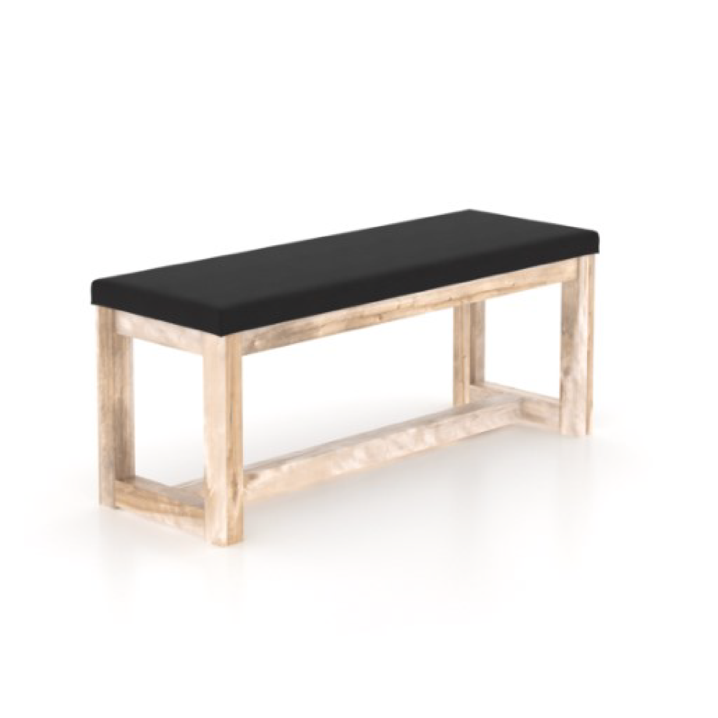 A rustic style bench with a black faux leather seat and a wood seat available, featuring a sturdy construction with wide straight lines and a metallic finish.