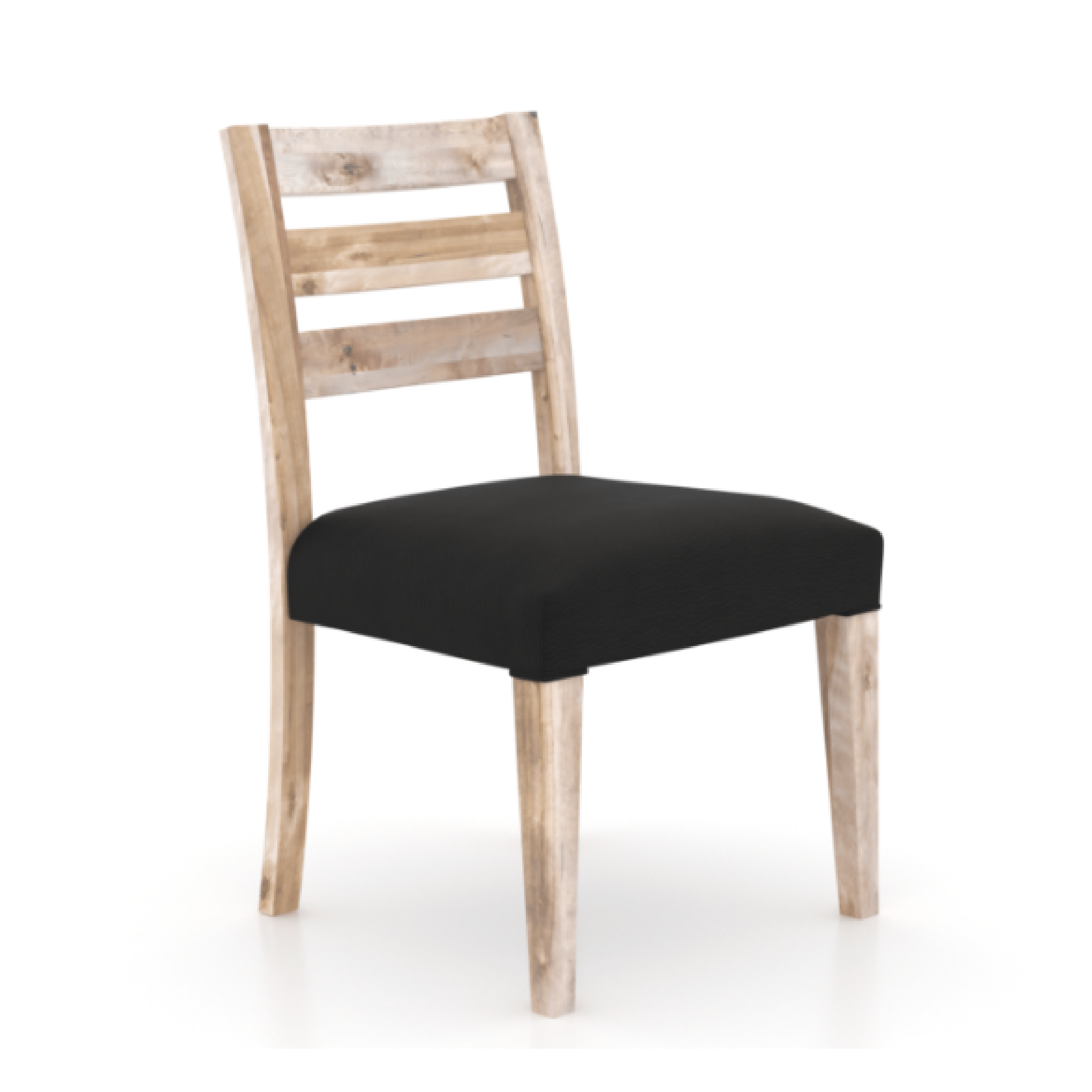 A rustic style dining chair with a natural washed finish on the frame and a black faux leather seat cushion.