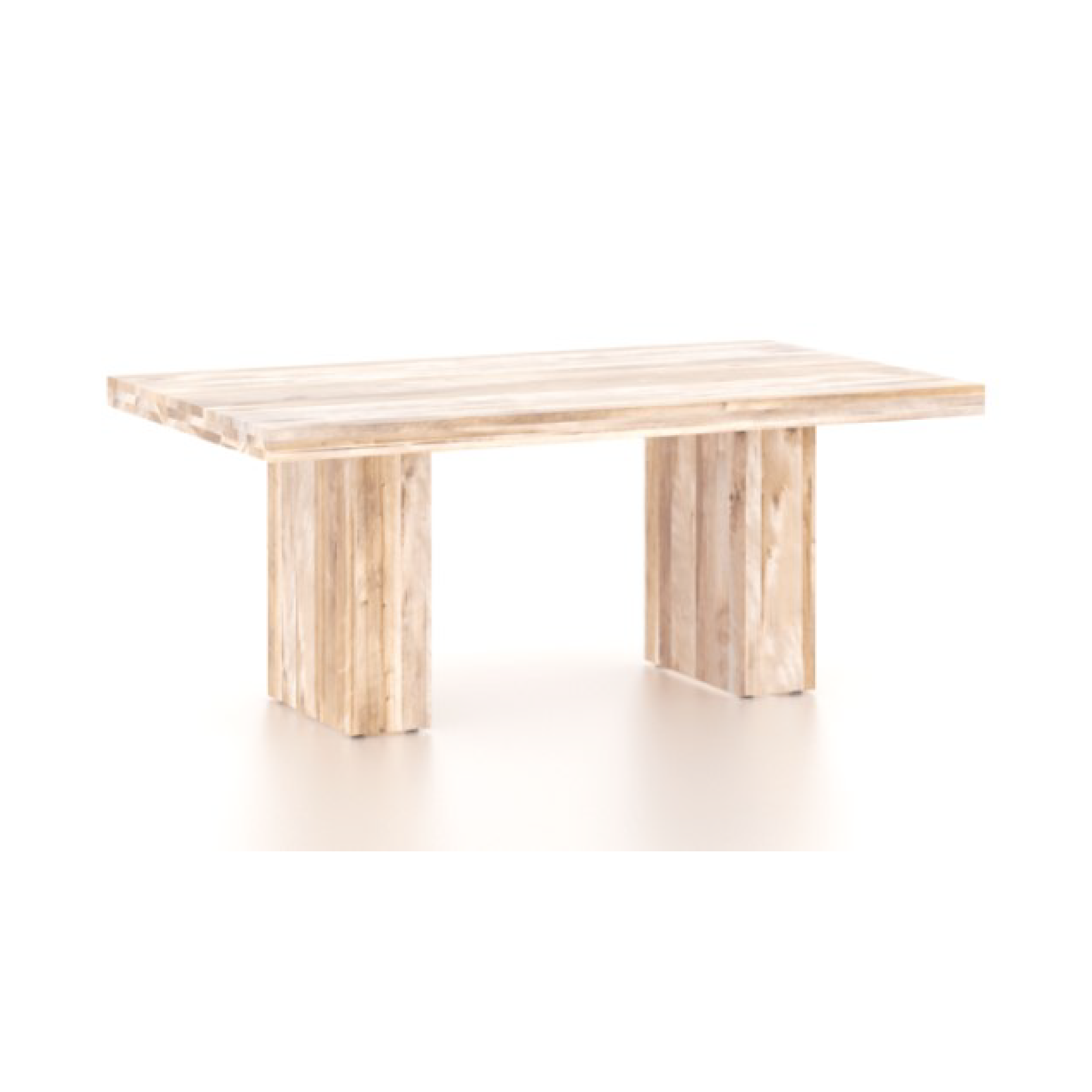A rectangular wood top table with a natural washed finish and visible grain, featuring a rustic style. The table has a visible metal PS base.