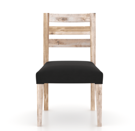 A rustic style dining chair with a natural washed finish on the frame and a black faux leather seat cushion.