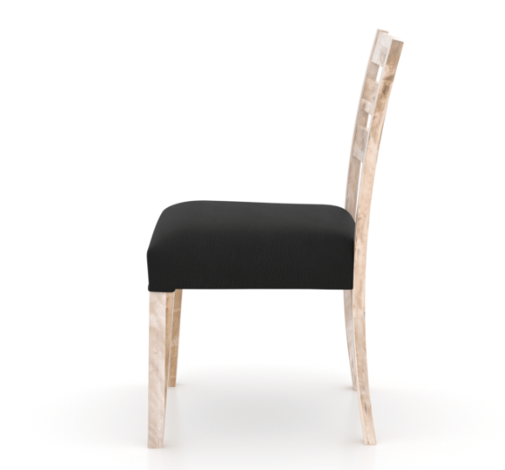 A rustic style dining chair with a natural washed finish on the frame and a black faux leather seat cushion.