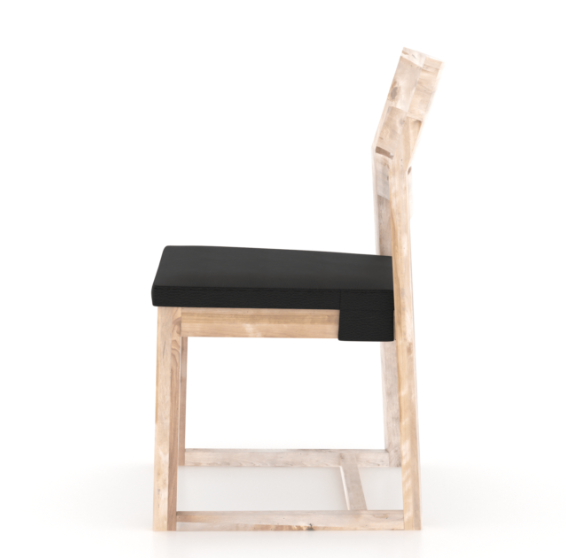 natural wood dining chair with a black leather seat