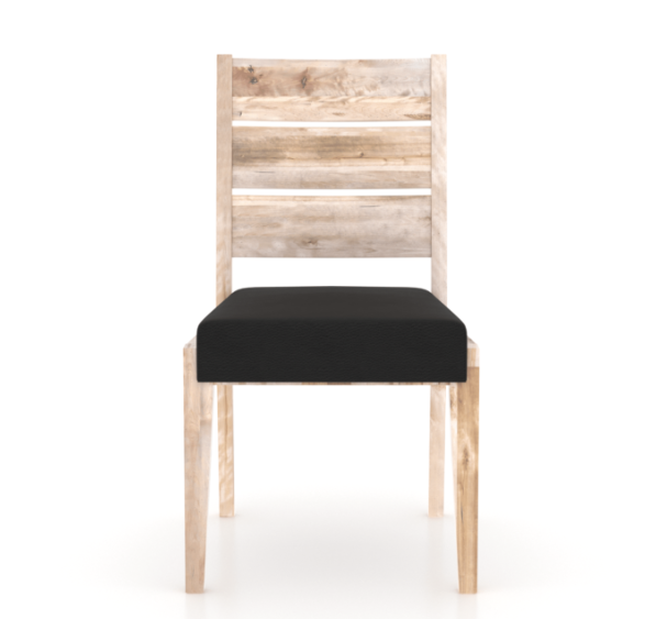 natural wood dining chair with a black leather seat