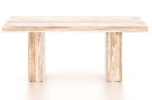 A rectangular wood top table with a natural washed finish and visible grain, featuring a rustic style. The table has a visible metal PS base.