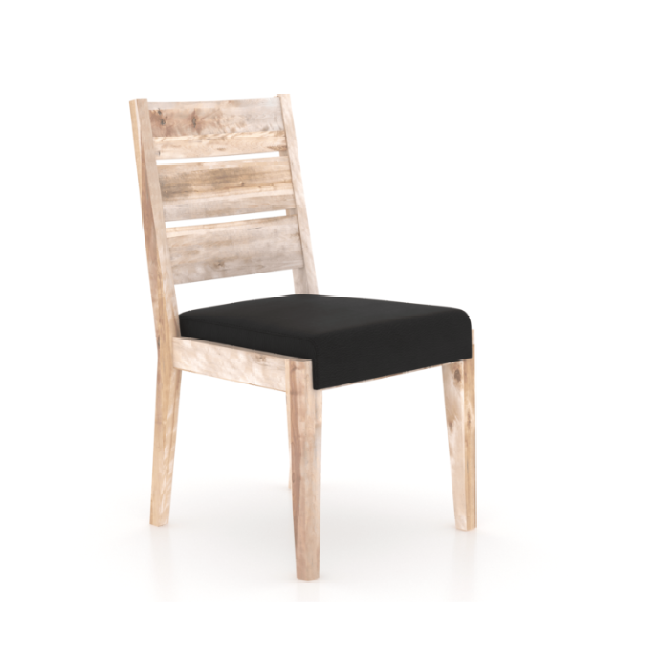 natural wood dining chair with a black leather seat