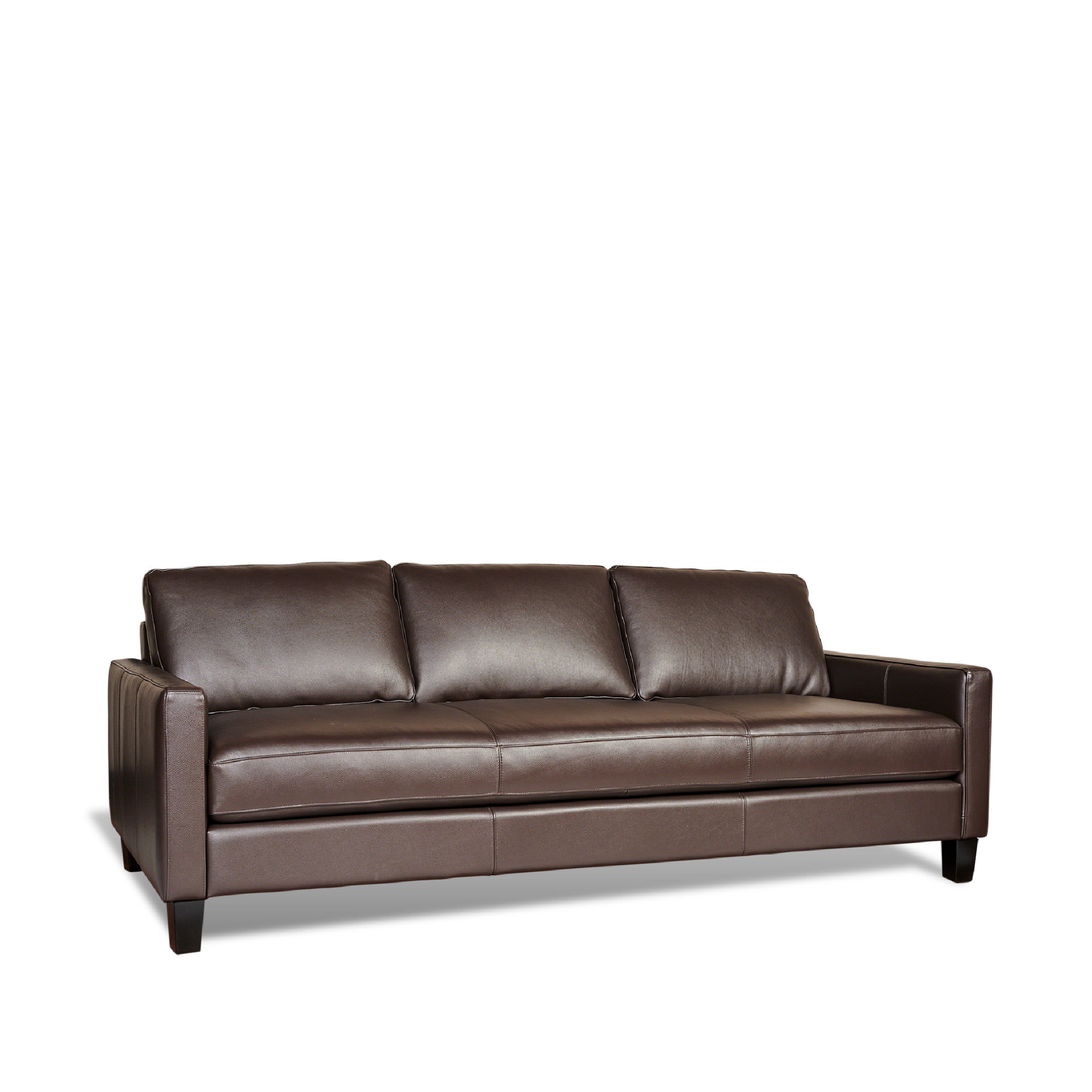 A brown leather sofa with a sectional sofa style, featuring a chaise at one end and a cushioned seat and backrest.