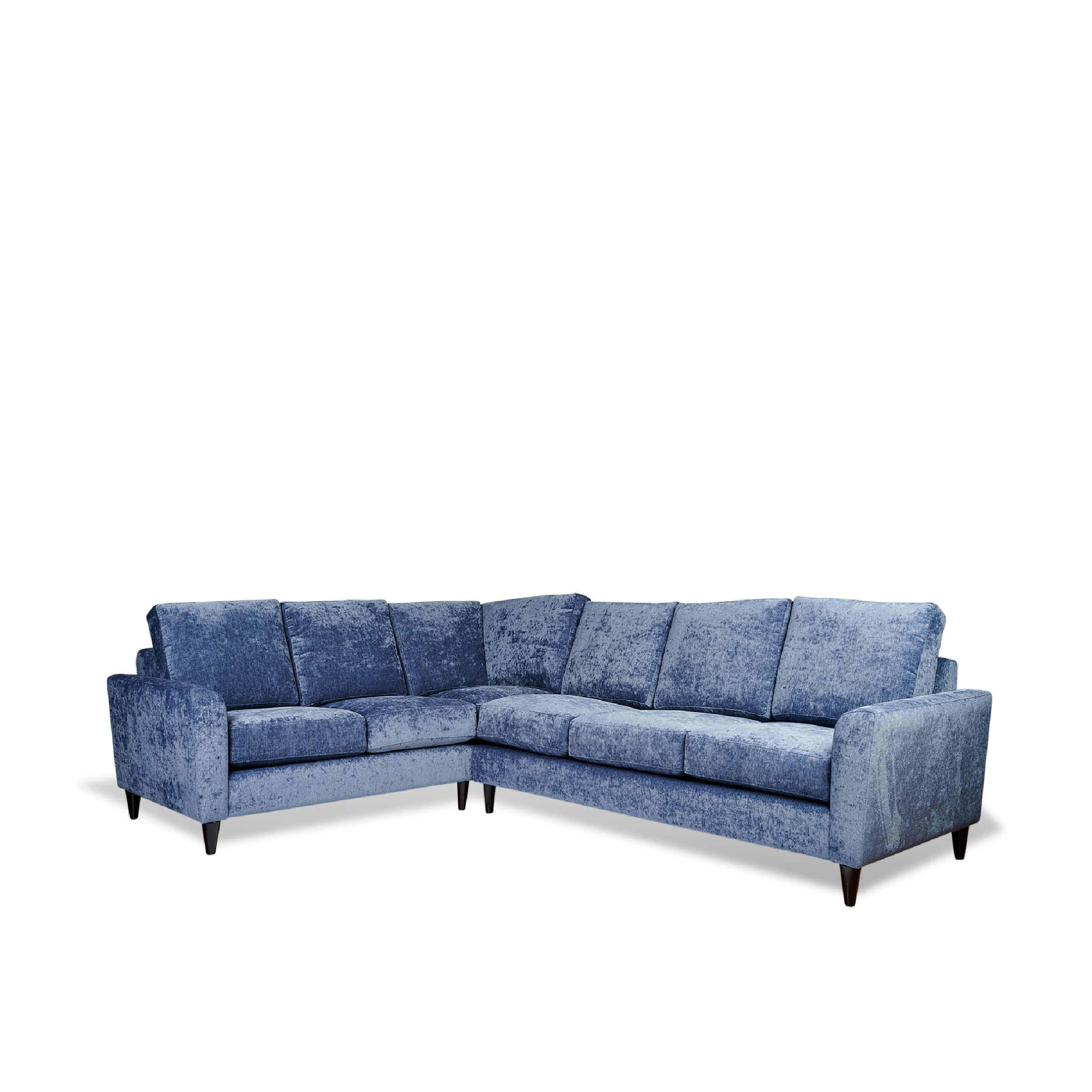A blue fabric upholstered sectional with wooden legs.
