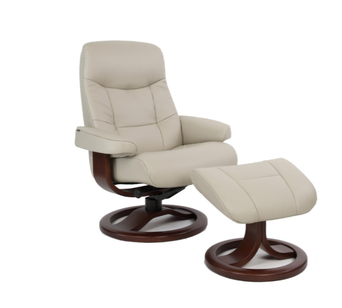 A beige upholstered Fjords Muldal recliner with a wooden base, featuring a round ottoman.