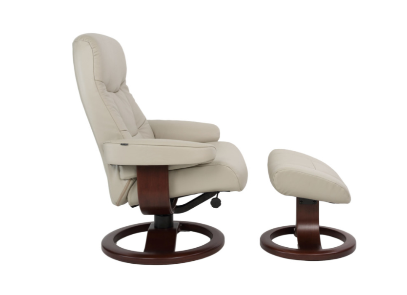 A beige upholstered Fjords Muldal recliner with a wooden base, featuring a round ottoman.