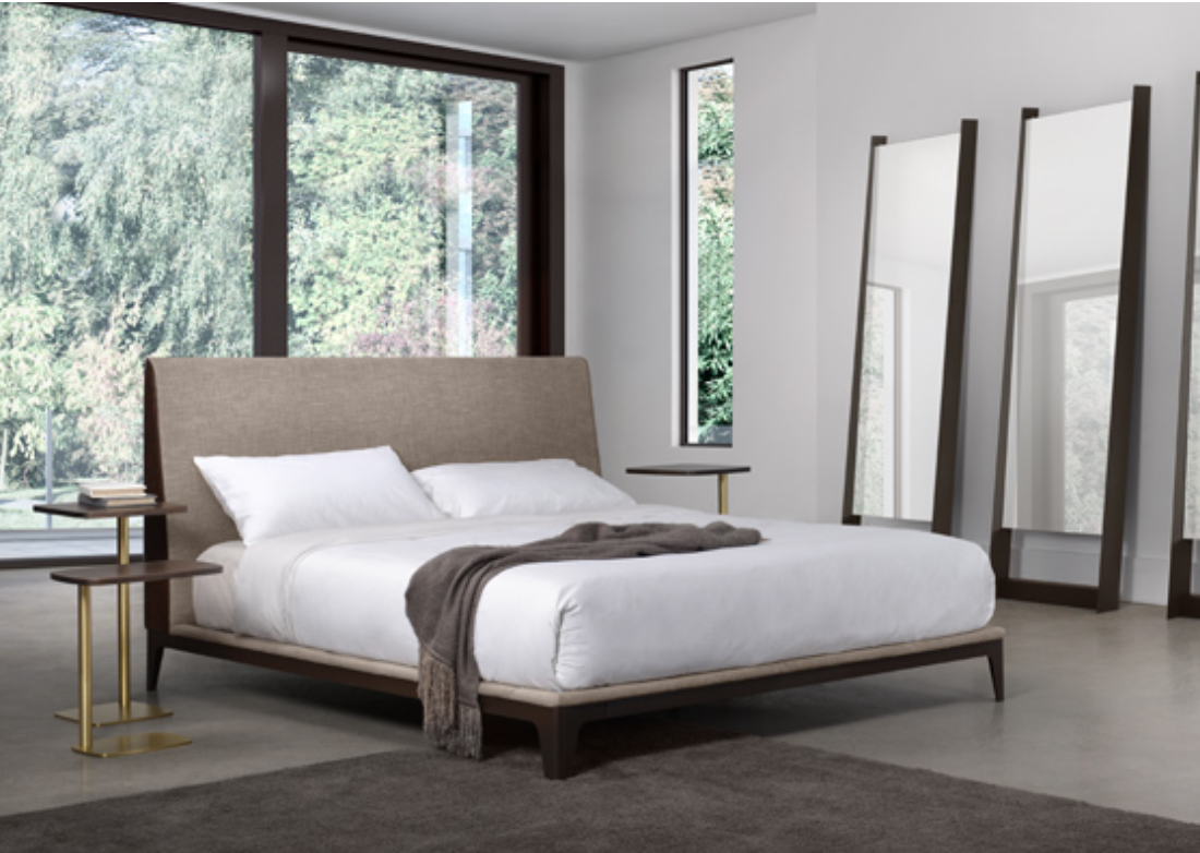 A beige upholstered bed frame with a headboard, powder-coated finish, and set on a white background.