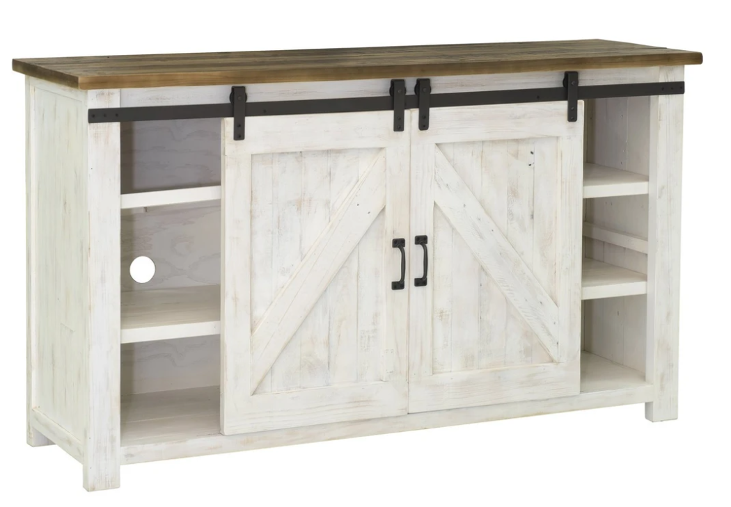 A sideboard showing white wood with a dark brown top