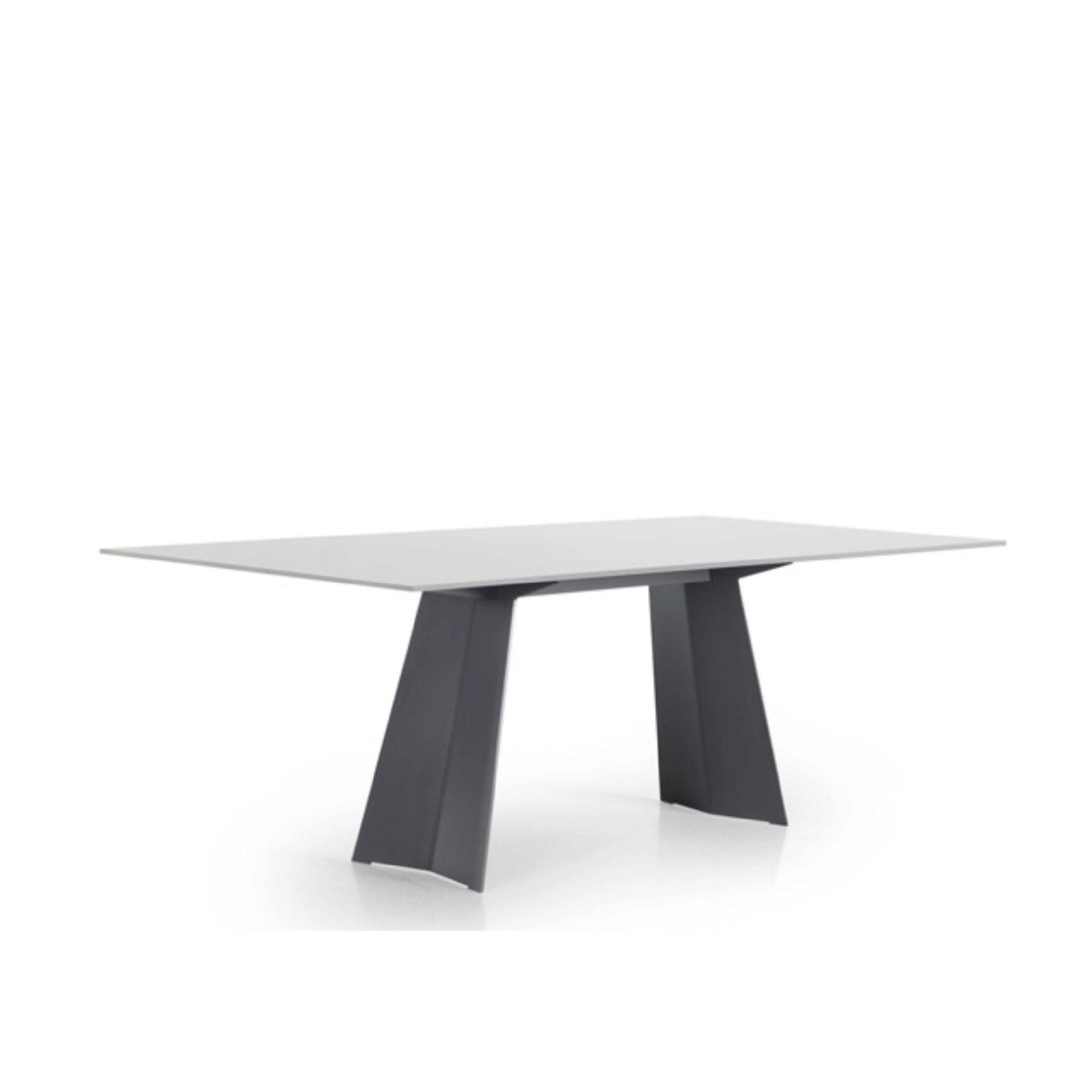 A modern rectangular dining table with a gray metal base and a white starphire tempered glass top.