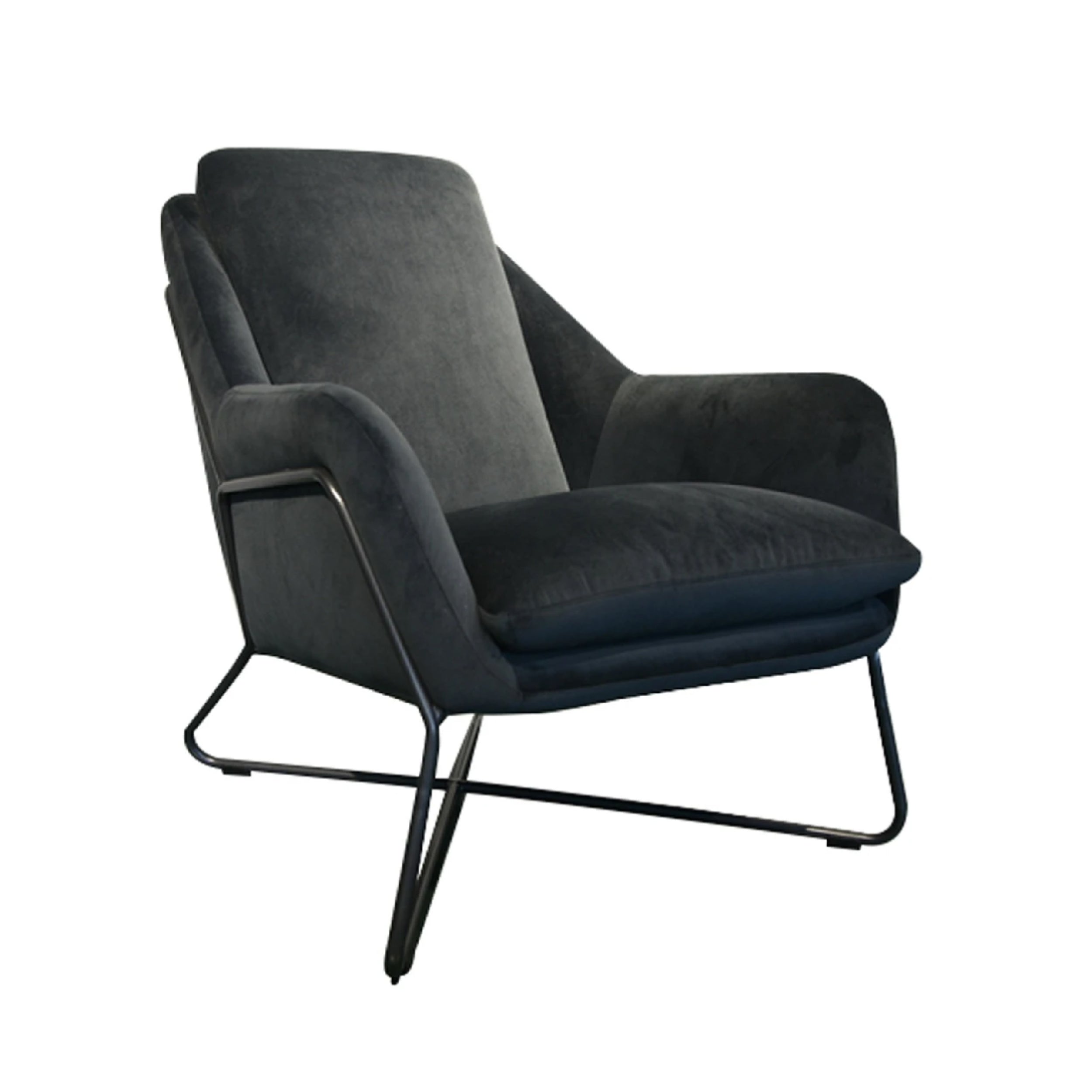 A black upholstered retro lounge chair with a sleek, modern metal frame.