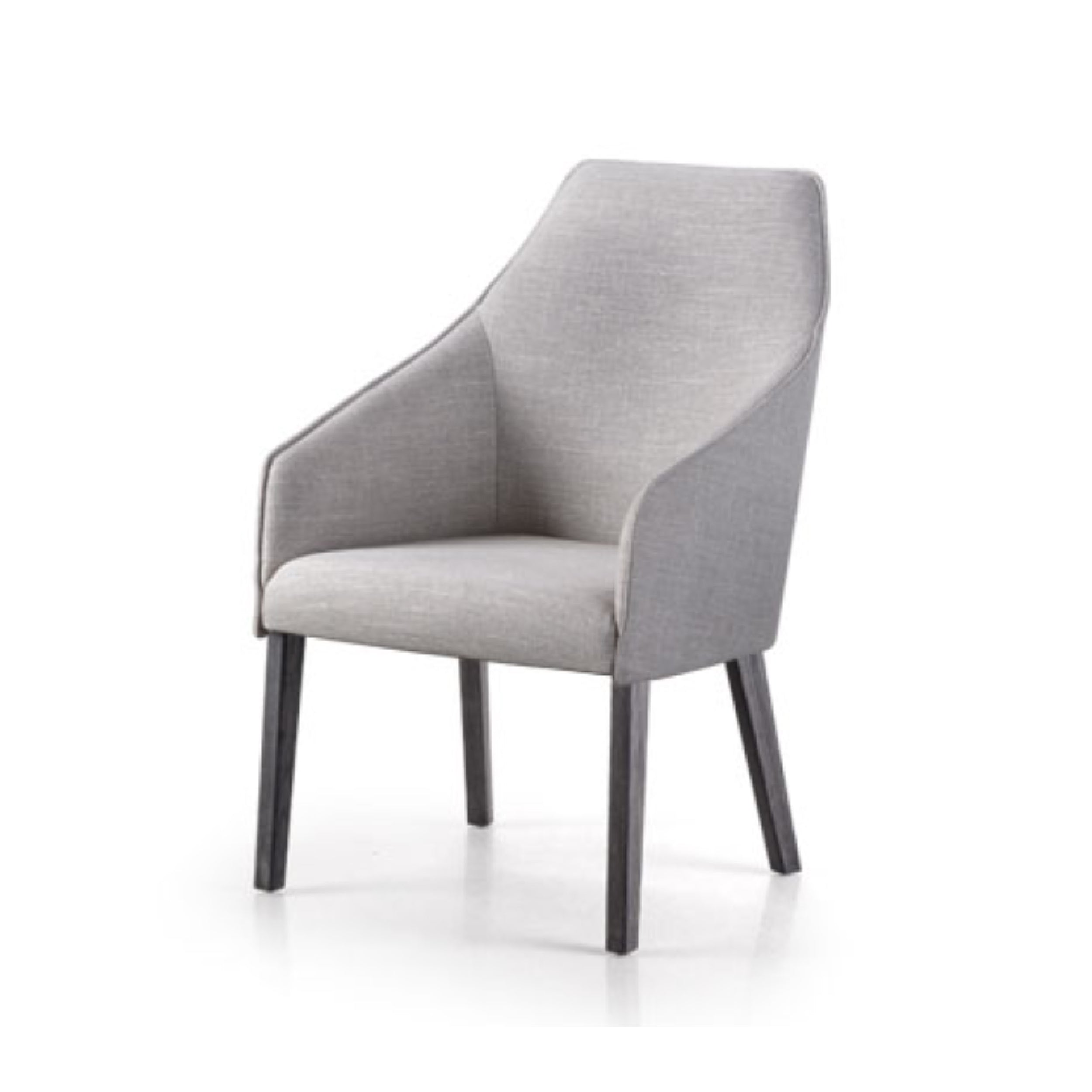 A modern dining chair with a gray upholstered seat and backrest, featuring metal legs in a brushed steel finish.