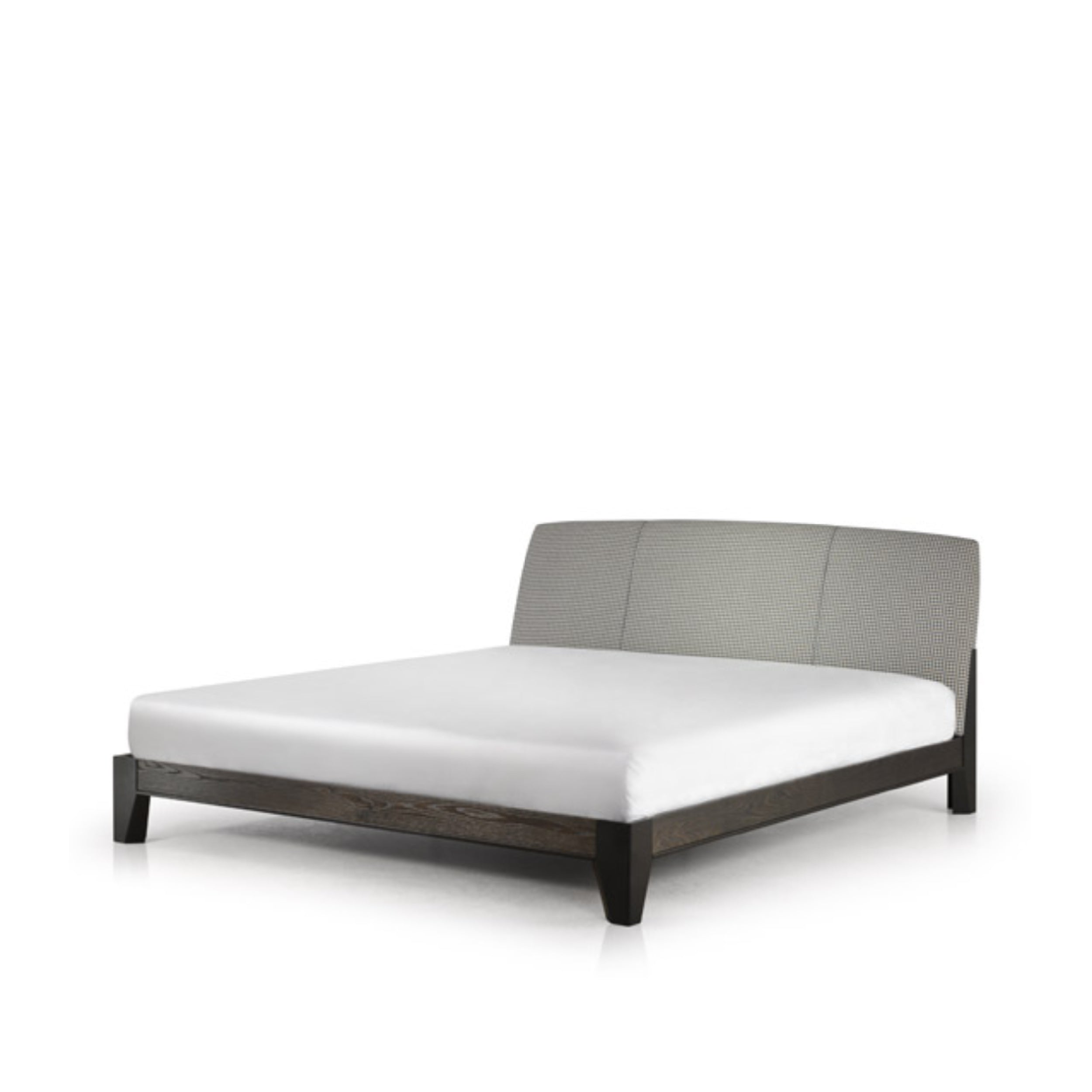 A modern platform bed frame with a white mattress, oak wood legs, and a grey upholstered headboard.