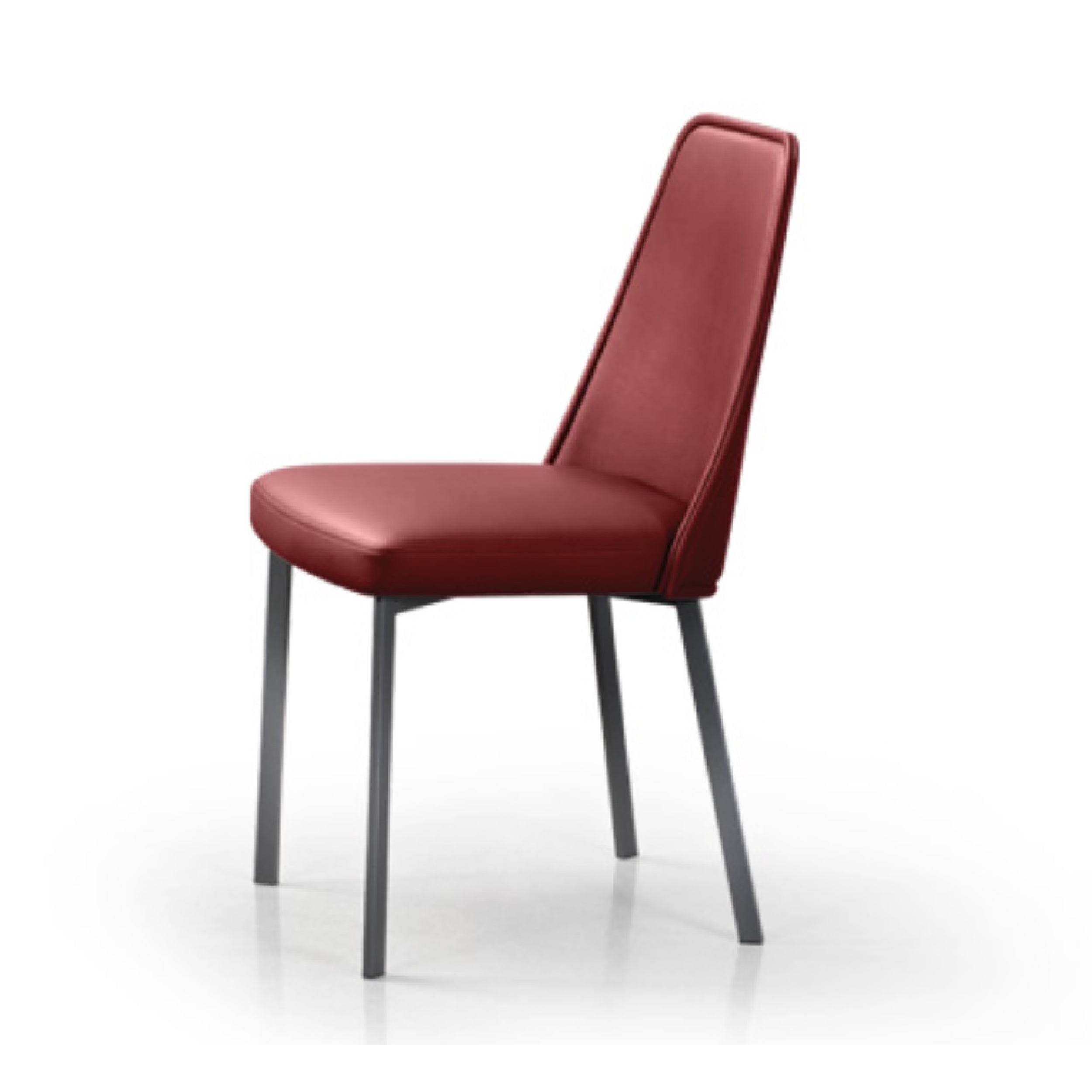 A red upholstered dining chair with a fully welded frame and high resilience foam comfort seat, against a white background.