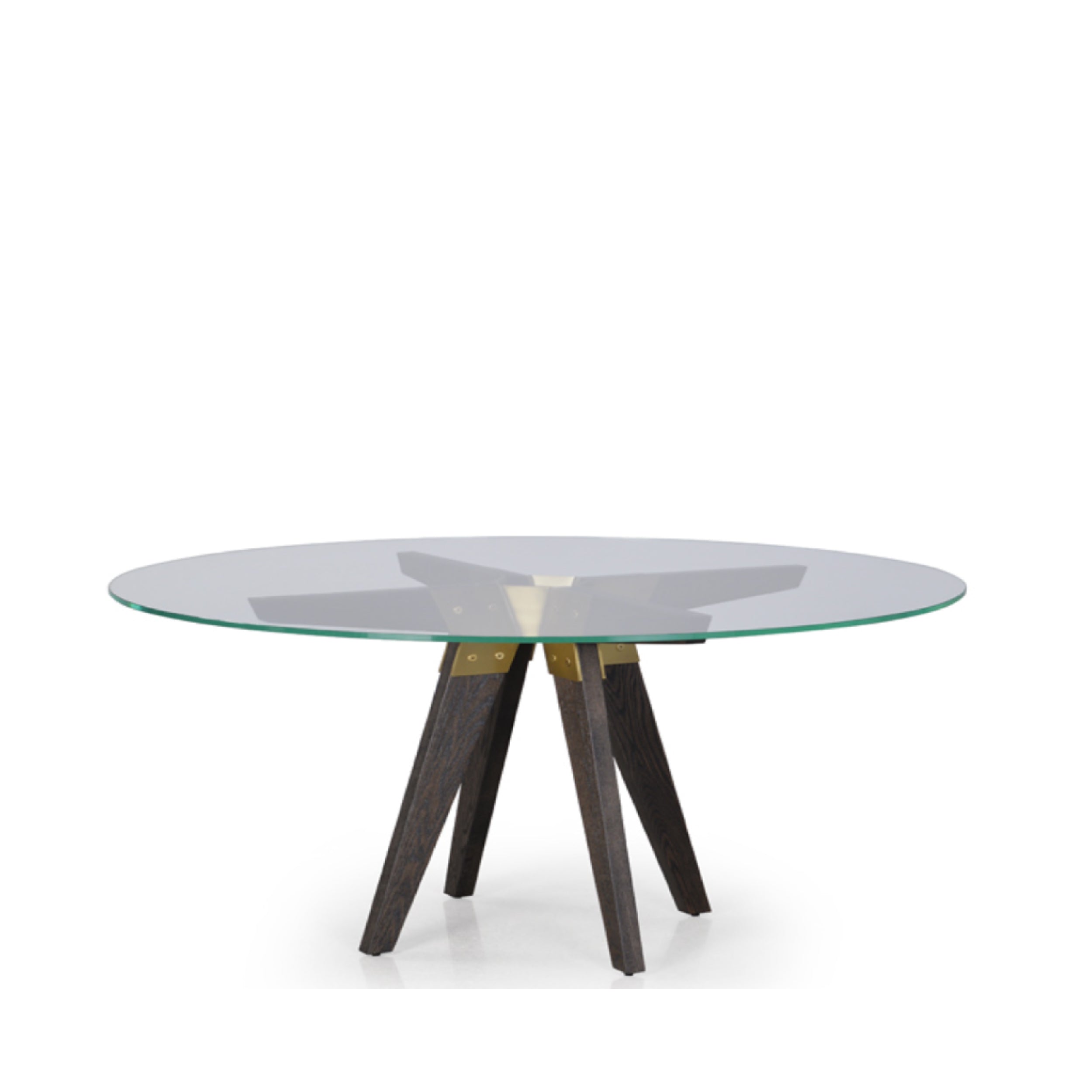 A round dining table with a clear glass top and dark wooden legs with a brushed steel finish.