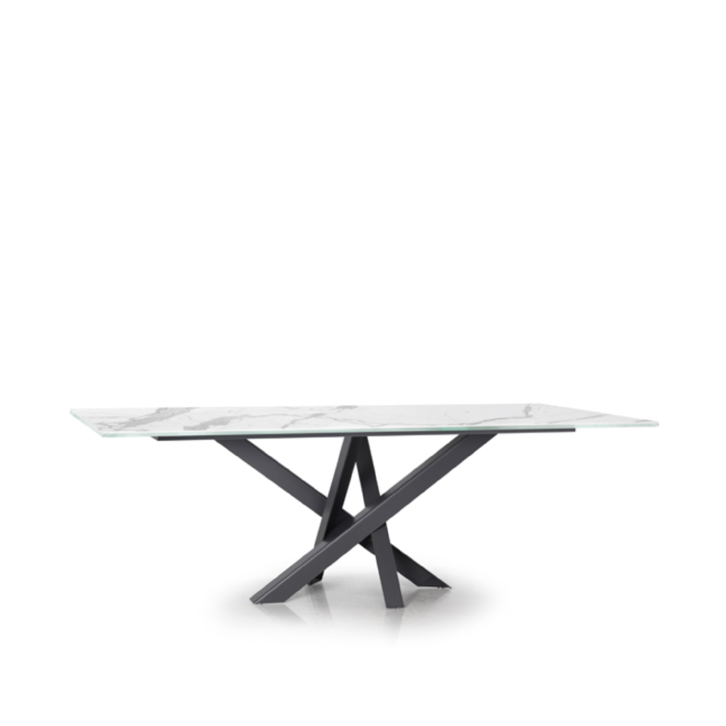 A rectangular dining table with a marble-like tabletop and a black metal frame and legs.