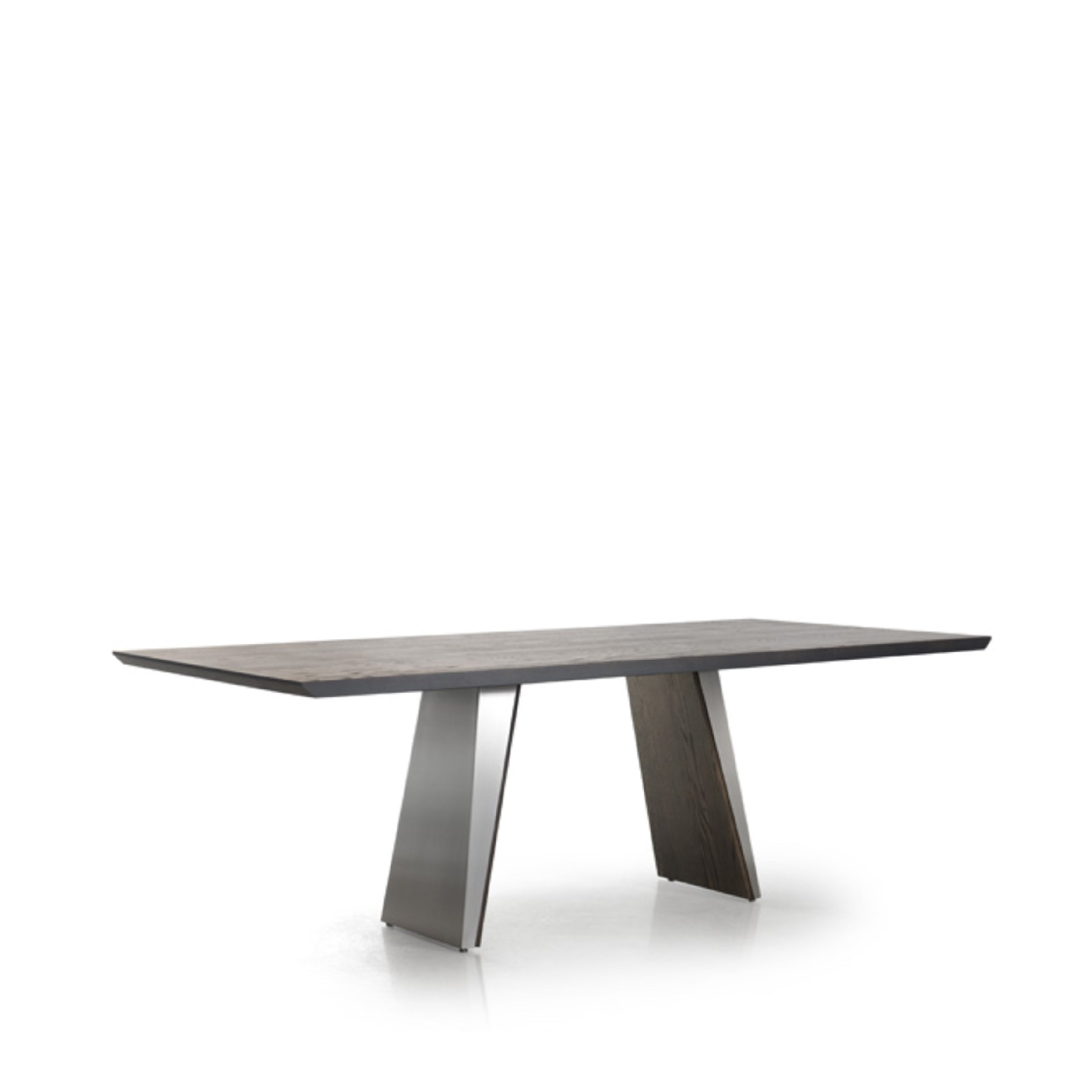 A rectangular dining table with a metal and wood veneer base and a flat wood top