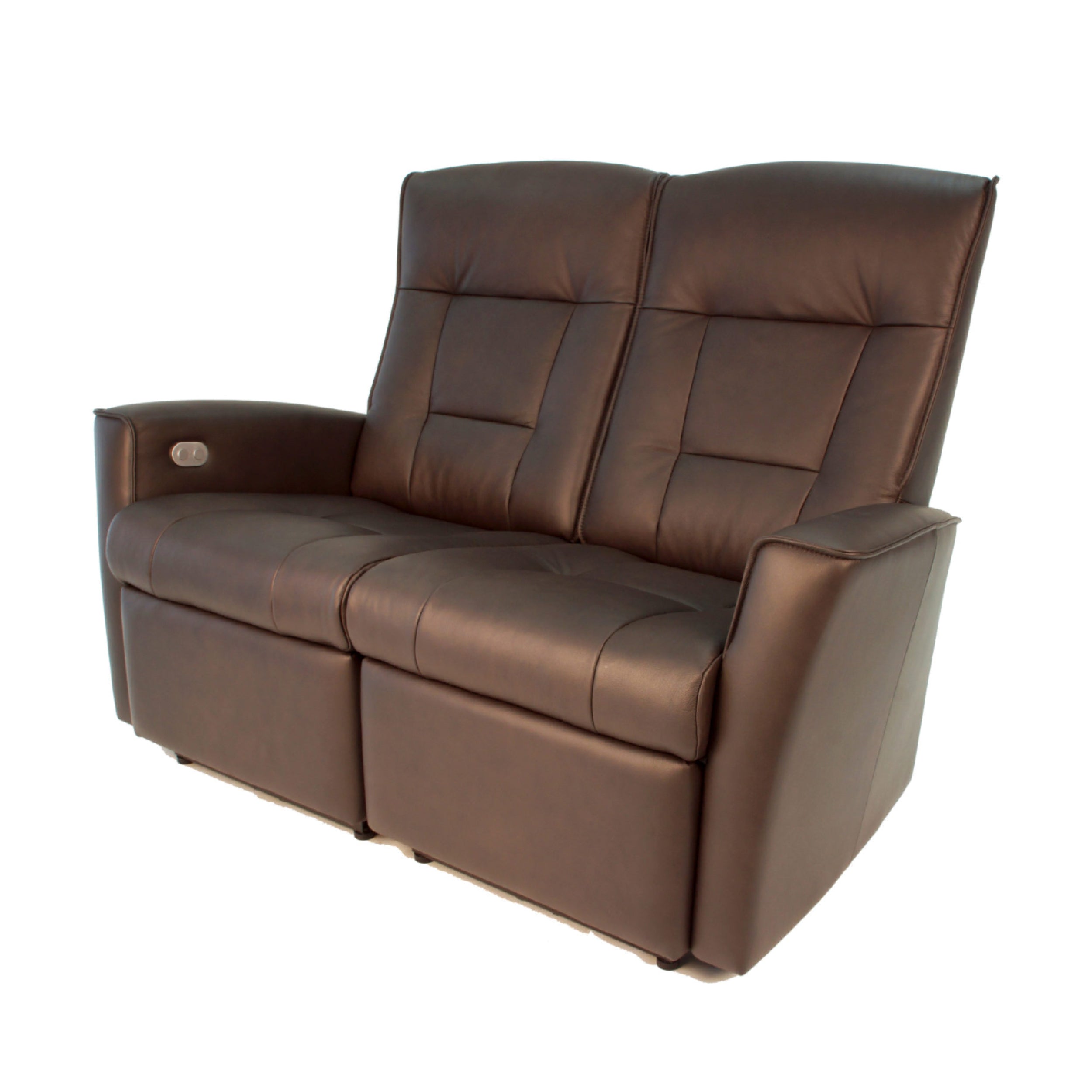 A brown leather loveseat sofa with a manual release headrest and a 'Wall Saver' mechanism.