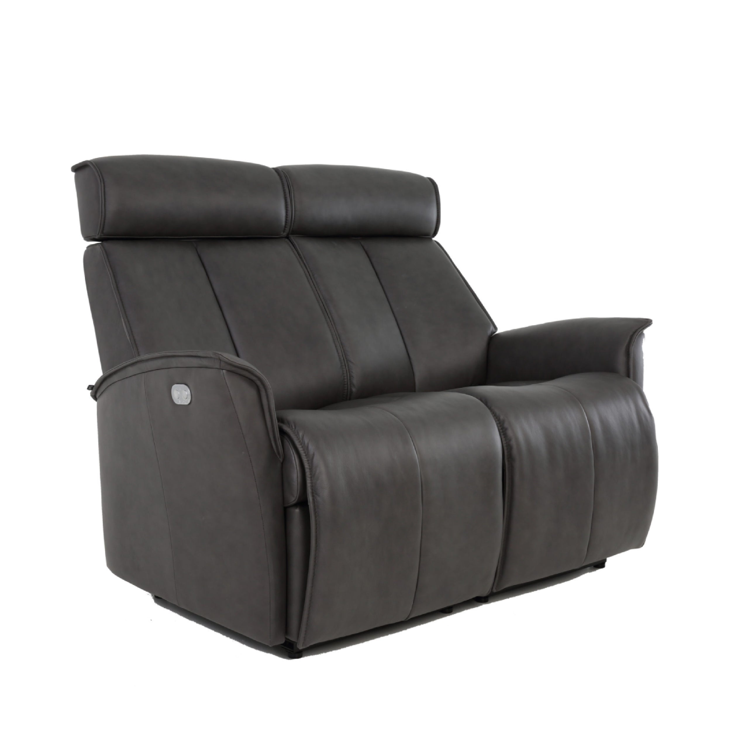 A black leather Venice loveseat and loveseat with a wall saver mechanism, featuring an adjustable headrest.