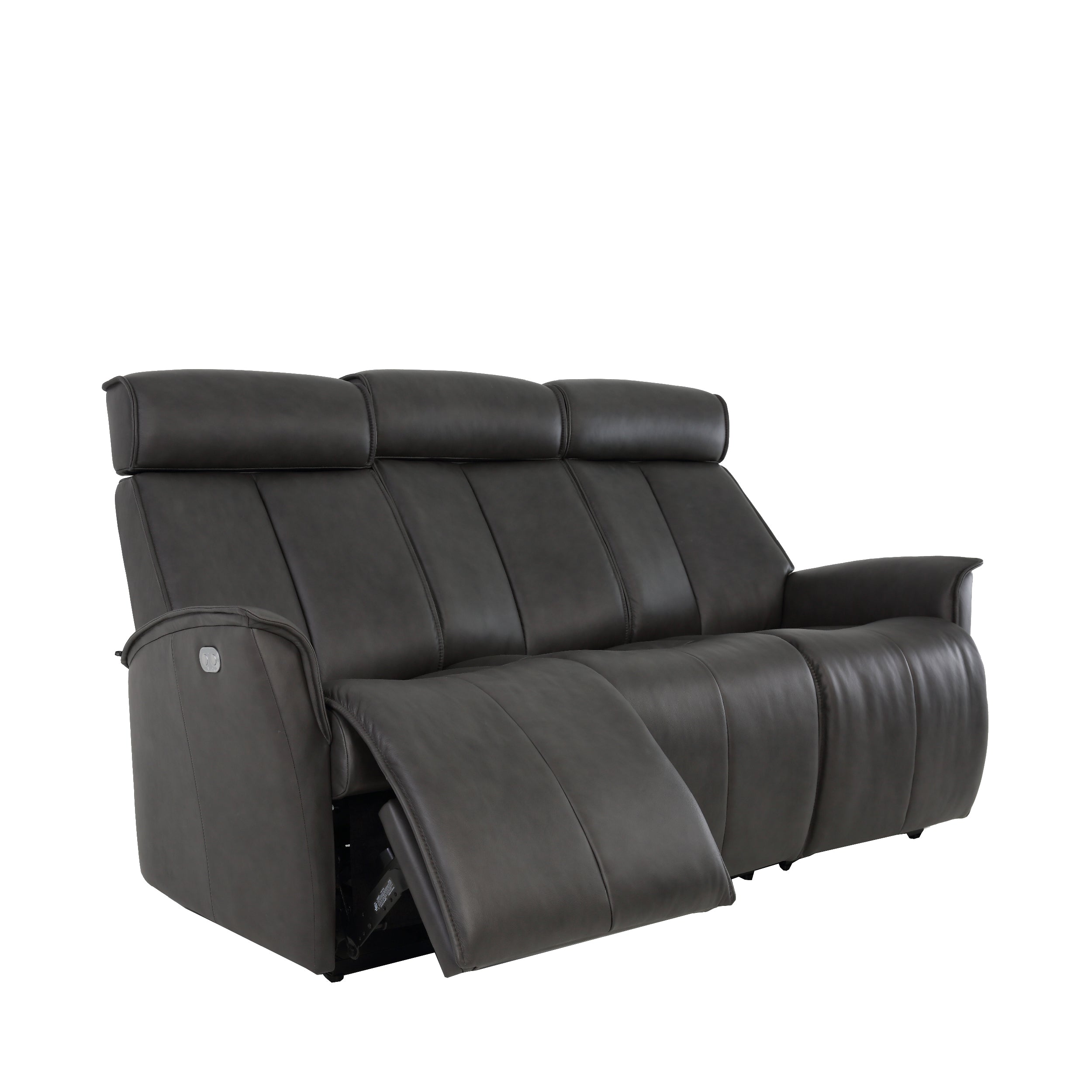 A black leather Venice sofa and loveseat with a wall saver mechanism, featuring an adjustable headrest.