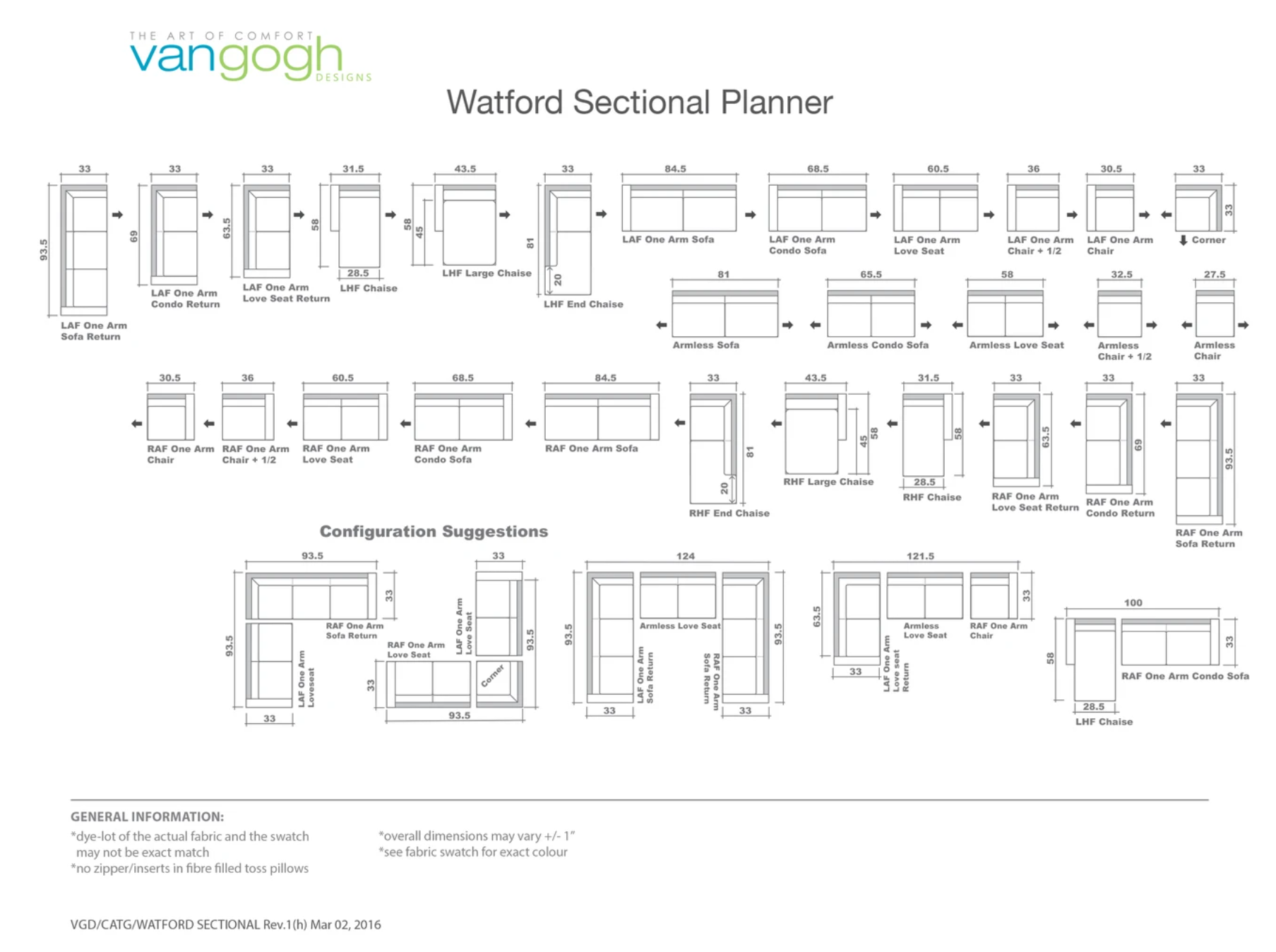 Watford sectional planner showing the matching pieces you can do