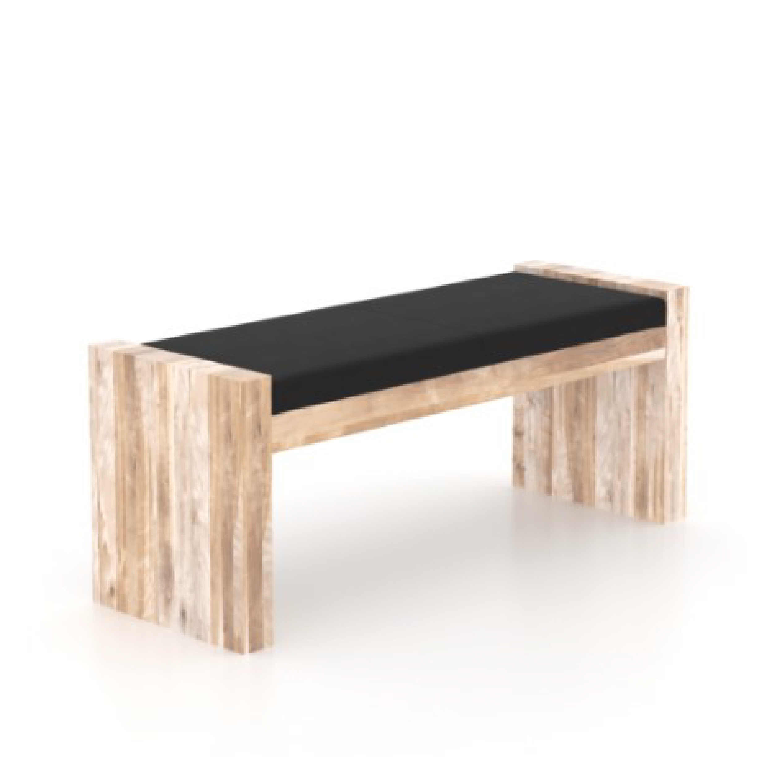 An industrial-style bench with a faux leather seat and a solid wood frame in a natural washed finish.