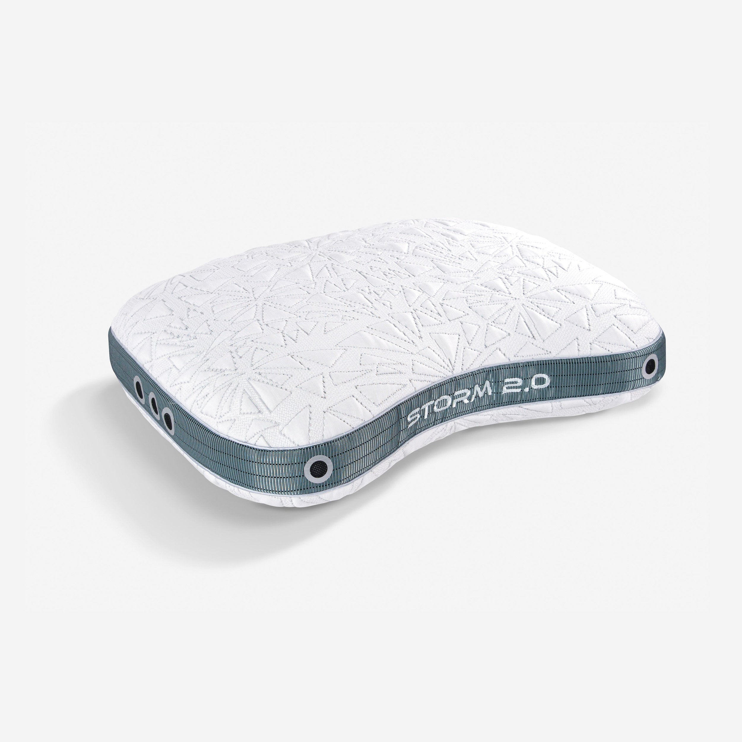 Bedgear Storm Cuddle Curve Performance® Pillow white quilted cover, teal-gray striped edge, and geometric stitch detailing.