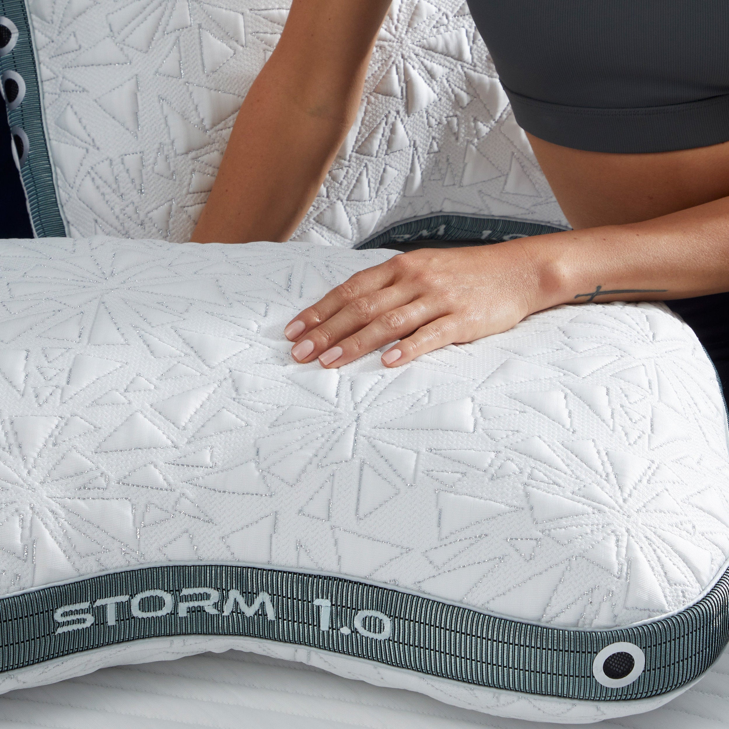 Storm Cuddle Curve Performance® Pillow by Bedgear: white quilted cover geometric stitching blue-gray trim, breathable comfort
