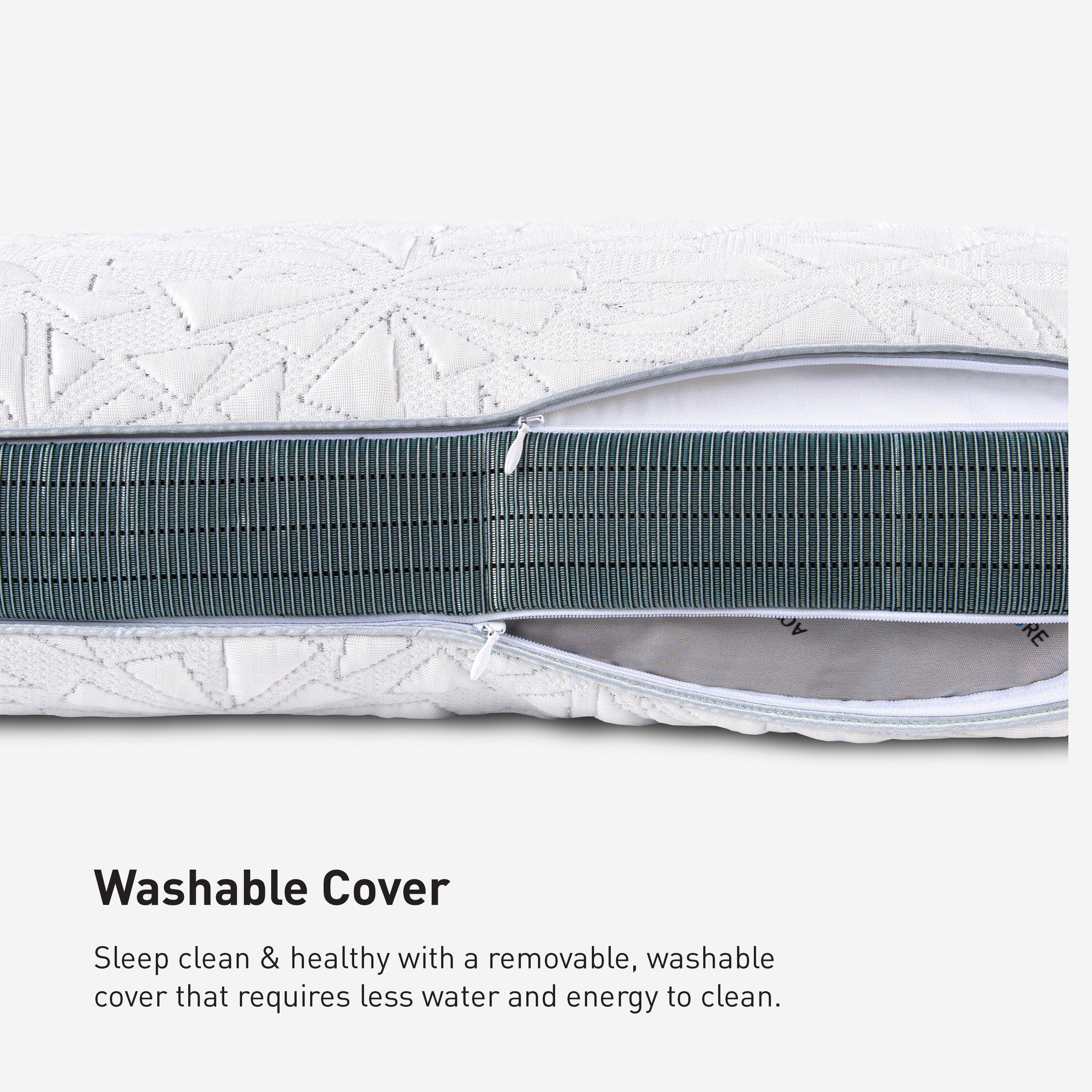 Storm Cuddle Curve Performance® Pillow Bedgear white quilted cover with geometric pattern and blue-gray zipper, breathable.