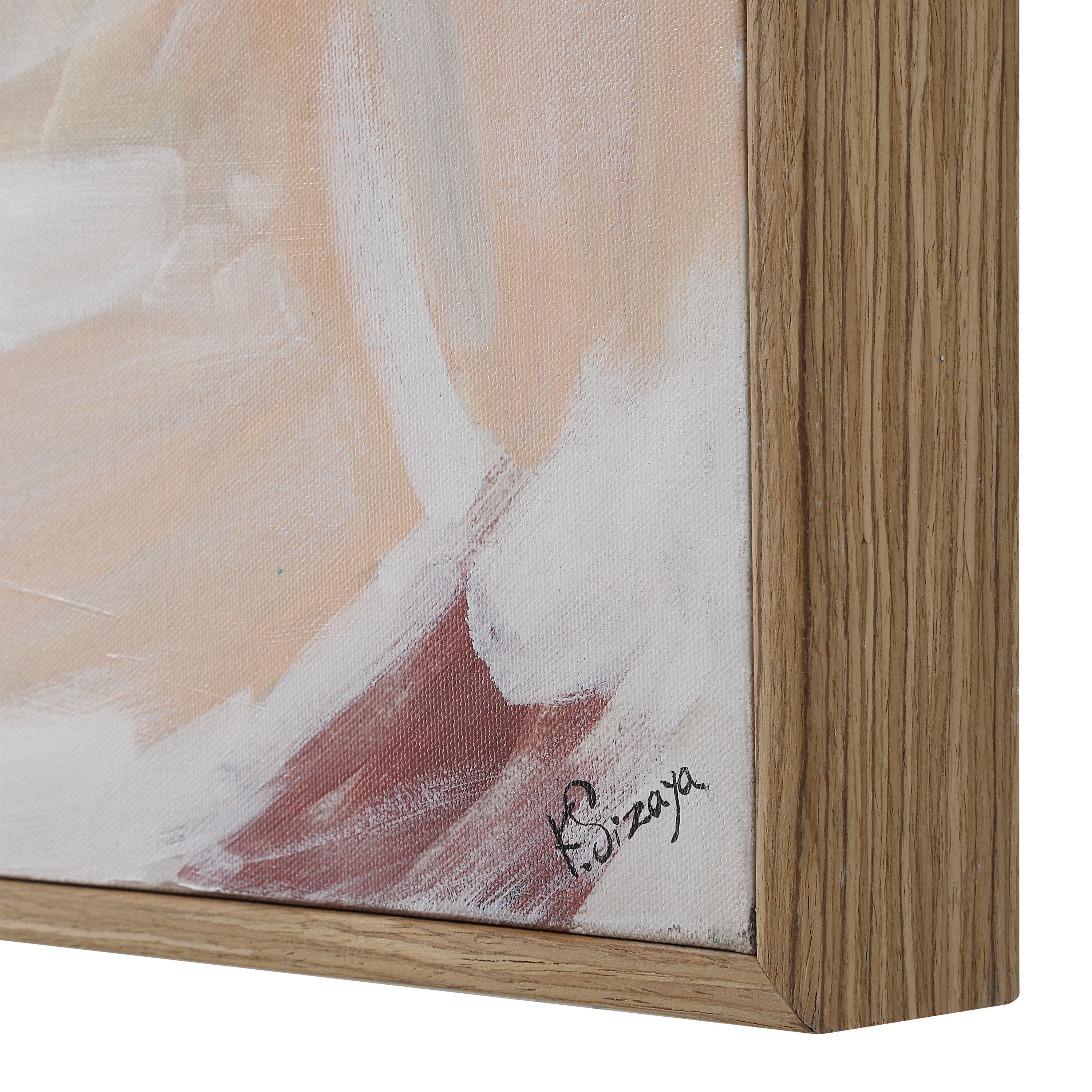 Valenca Wall Art by Renwil featuring soft peach, ivory, and red brushstrokes on canvas with natural wood frame texture, rich.