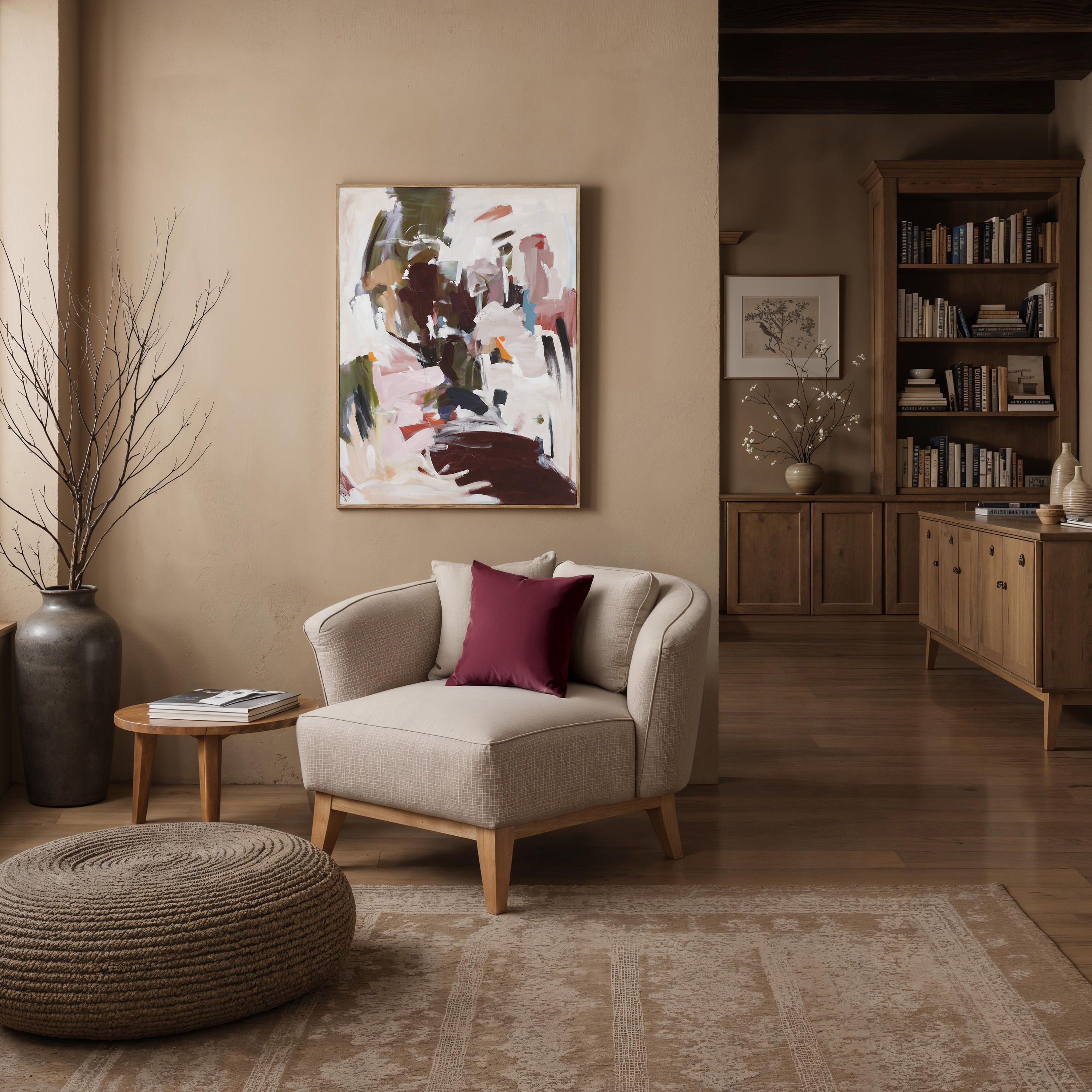 Renwil Valenca Wall Art features abstract multicolored brushstrokes in greens, pinks, browns on canvas, framed in living room