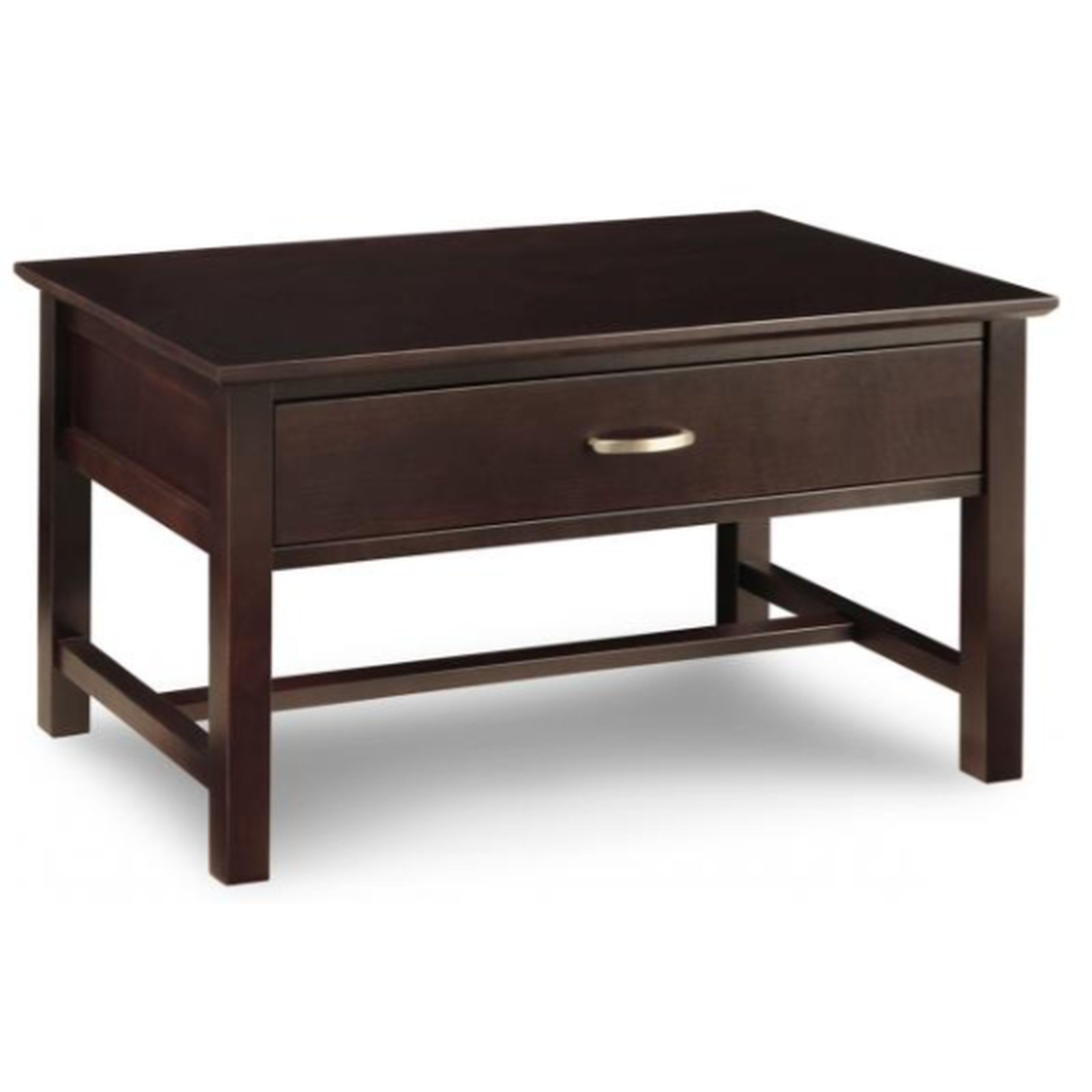 Dark brown wooden coffee table with a drawer on a white background
