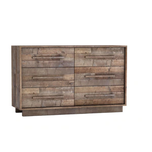 Wooden 6 drawer dresser with a rustic design on a white background