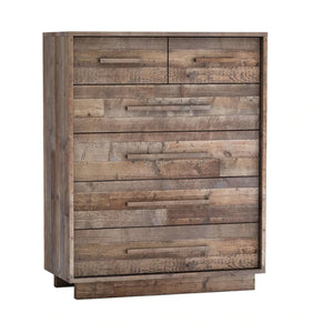 Wooden dresser with a rustic design on a white background