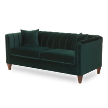 Load image into Gallery viewer, Green velvet sofa on a white background
