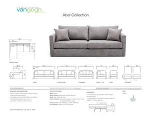 Abel Collection spreadsheet showing the different styles its available in with measurements