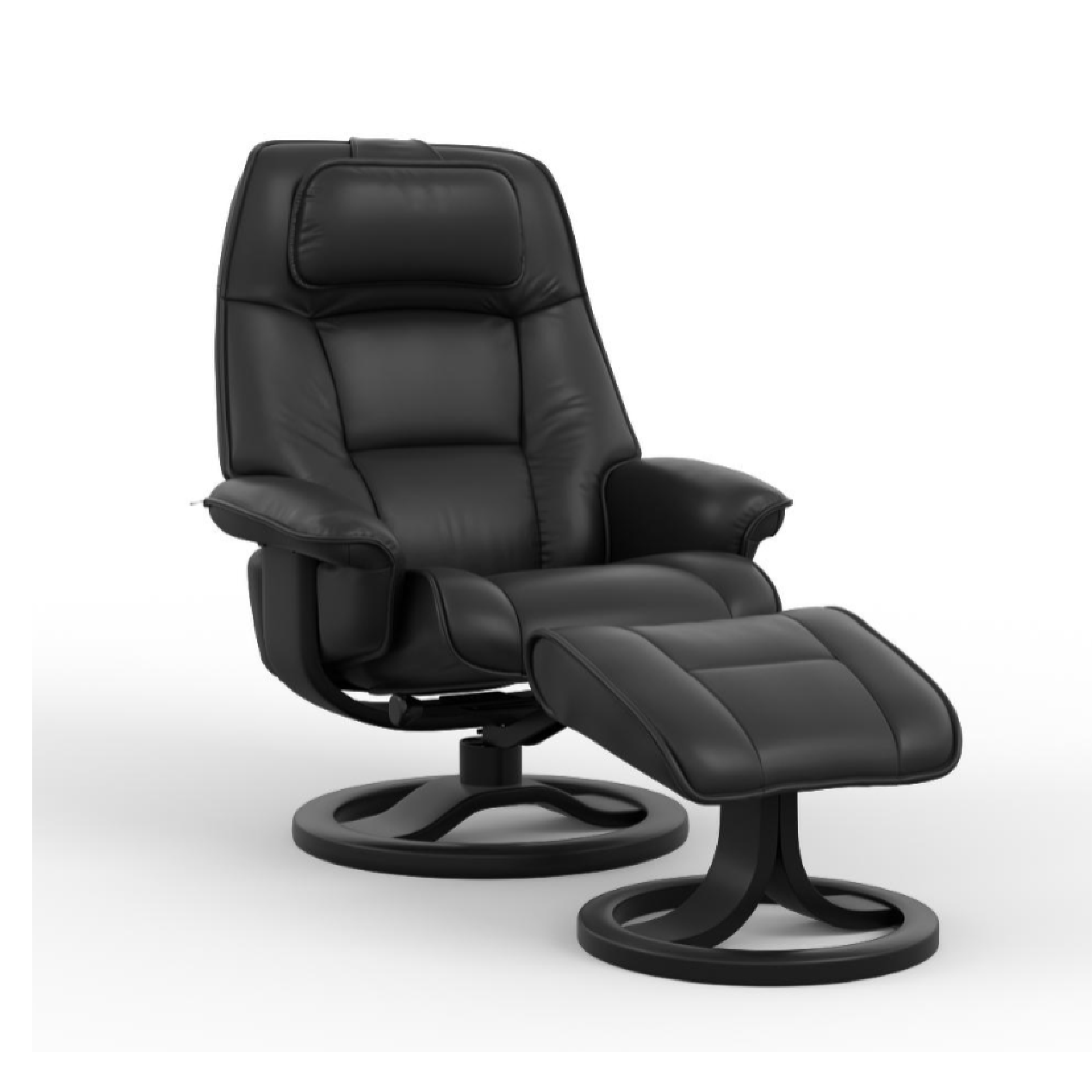 A black leather Admiral recliner chair with a swivel base and adjustable headrest.