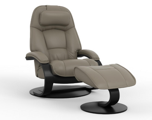 grey/beige recliner leather showing on a black base with ottoman. 