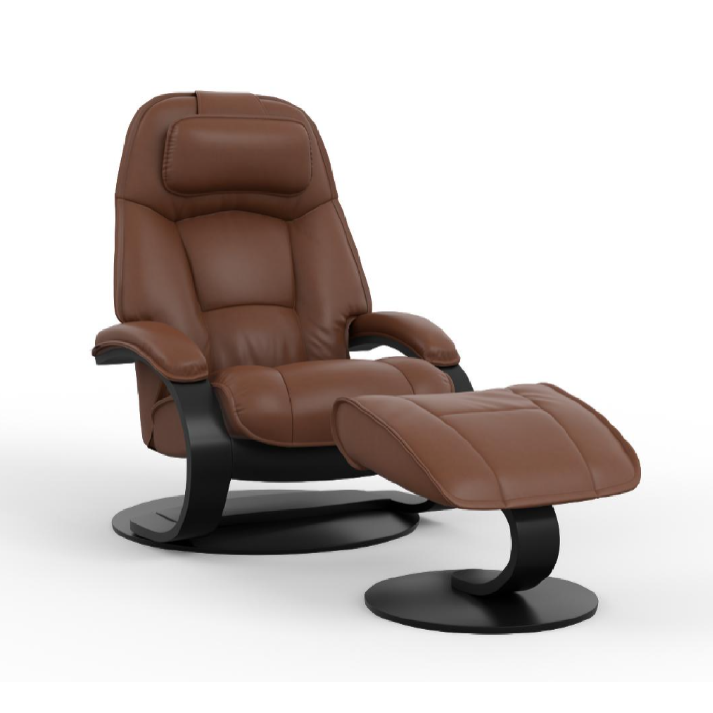 dark brown recliner leather showing on a black base with ottoman. 