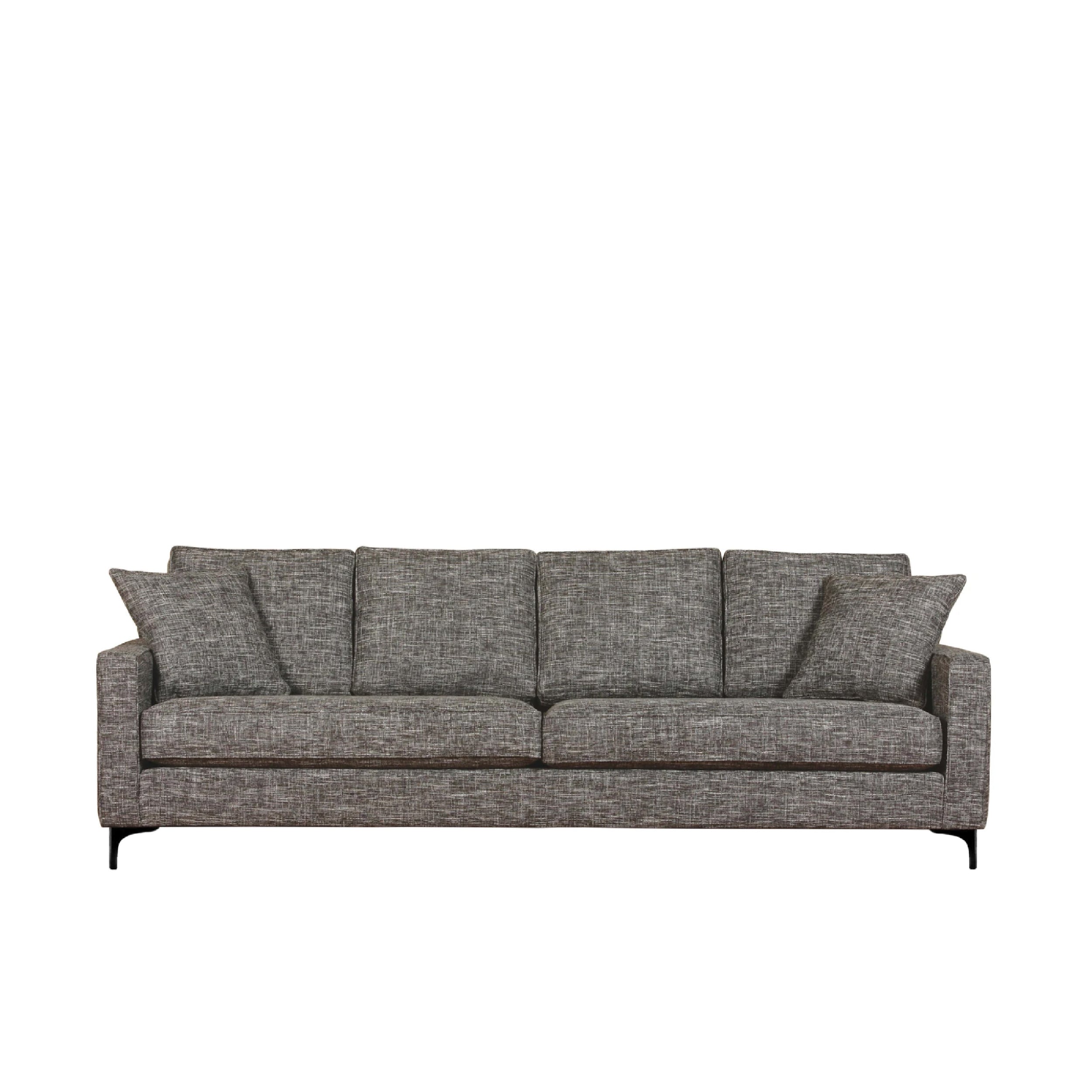 A gray fabric upholstered sectional sofa with black legs.