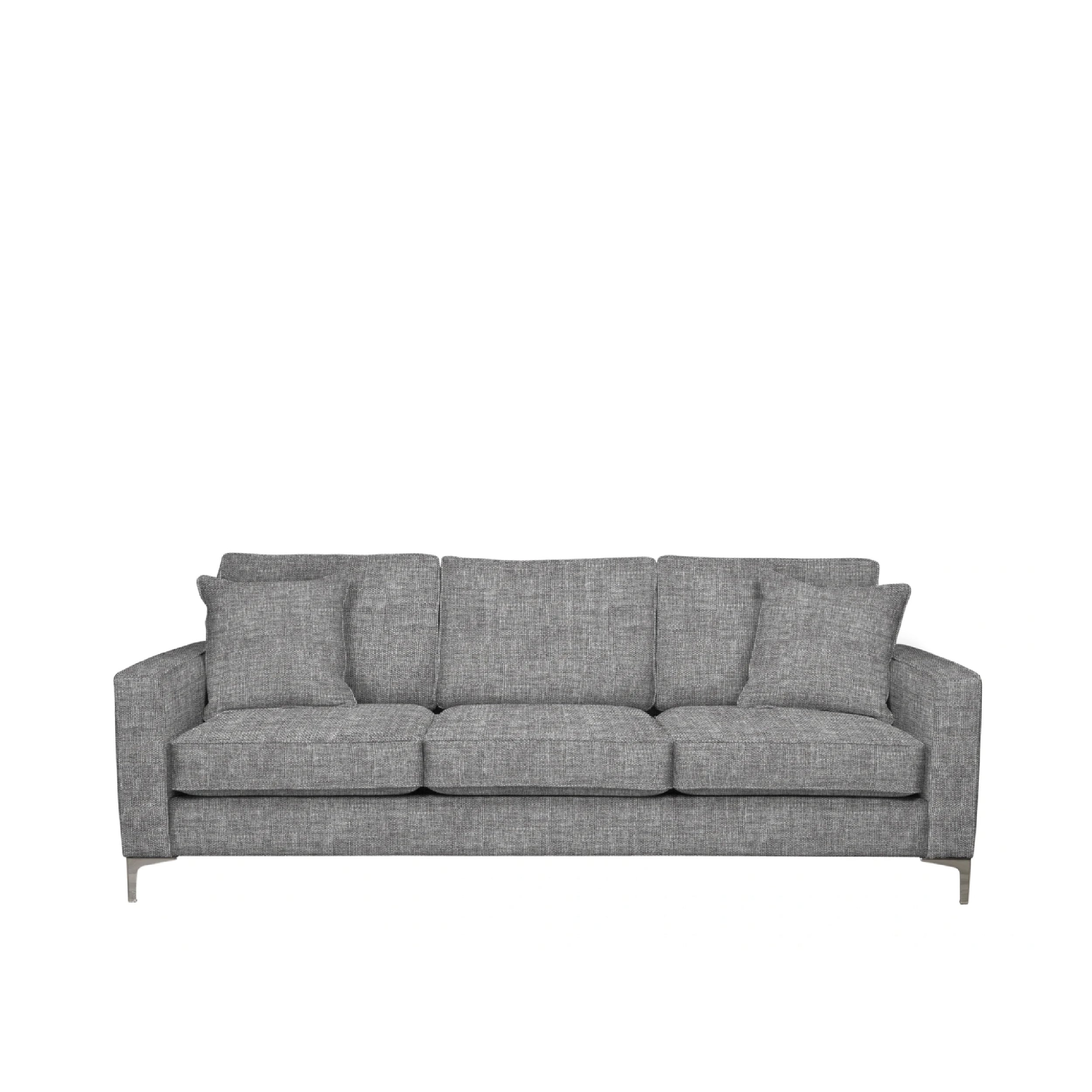 A gray Apollo collection sectional sofa with sleek metal legs and back cushions, displayed against a white background.