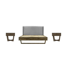 Load image into Gallery viewer, Dark wood bed with grey fabric headboard. Two matching side tables with marble tops on a white background
